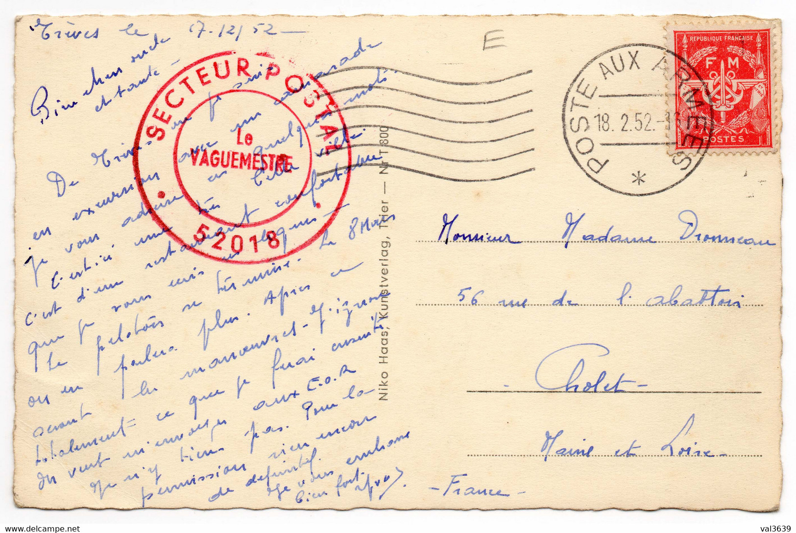 Timbre Franchise Militaire YT12, Cachet Secteur Postal 52018, Oblitération Poste Aux Armées 1952 - CPA Trèves Allemagne - Francobolli  Di Franchigia Militare