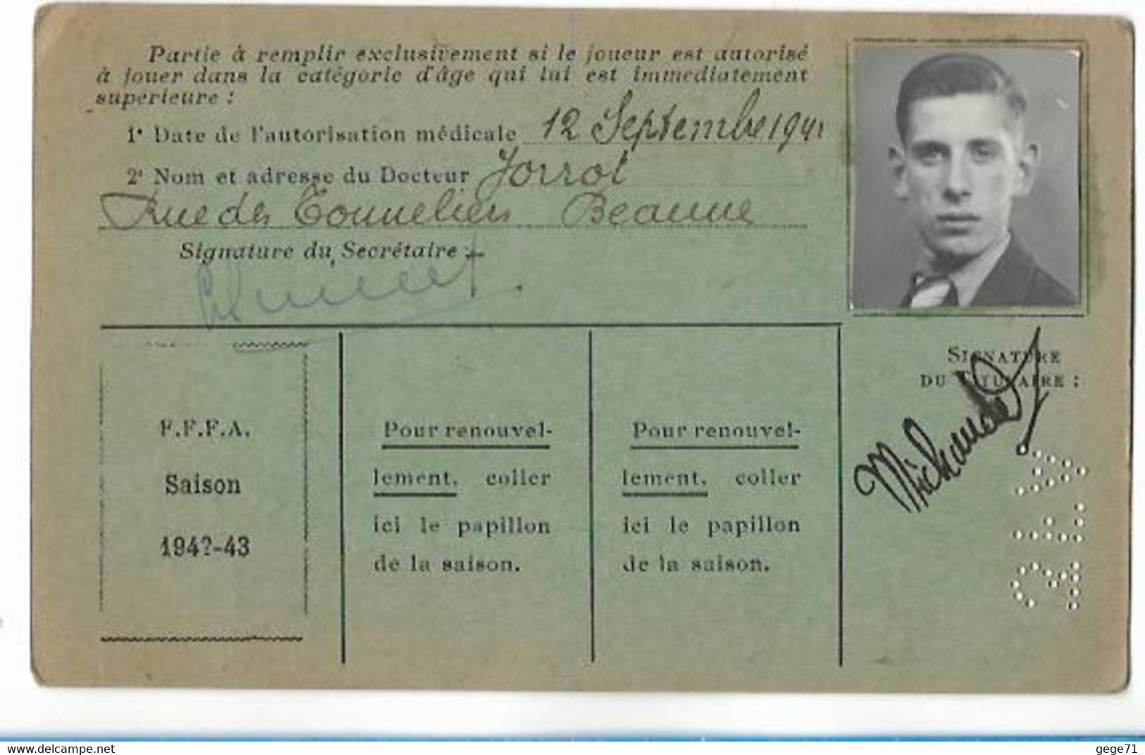 Beaune - Licence De Football - Fils De France - 1942/43 - Michaudet Maurice - Otros & Sin Clasificación