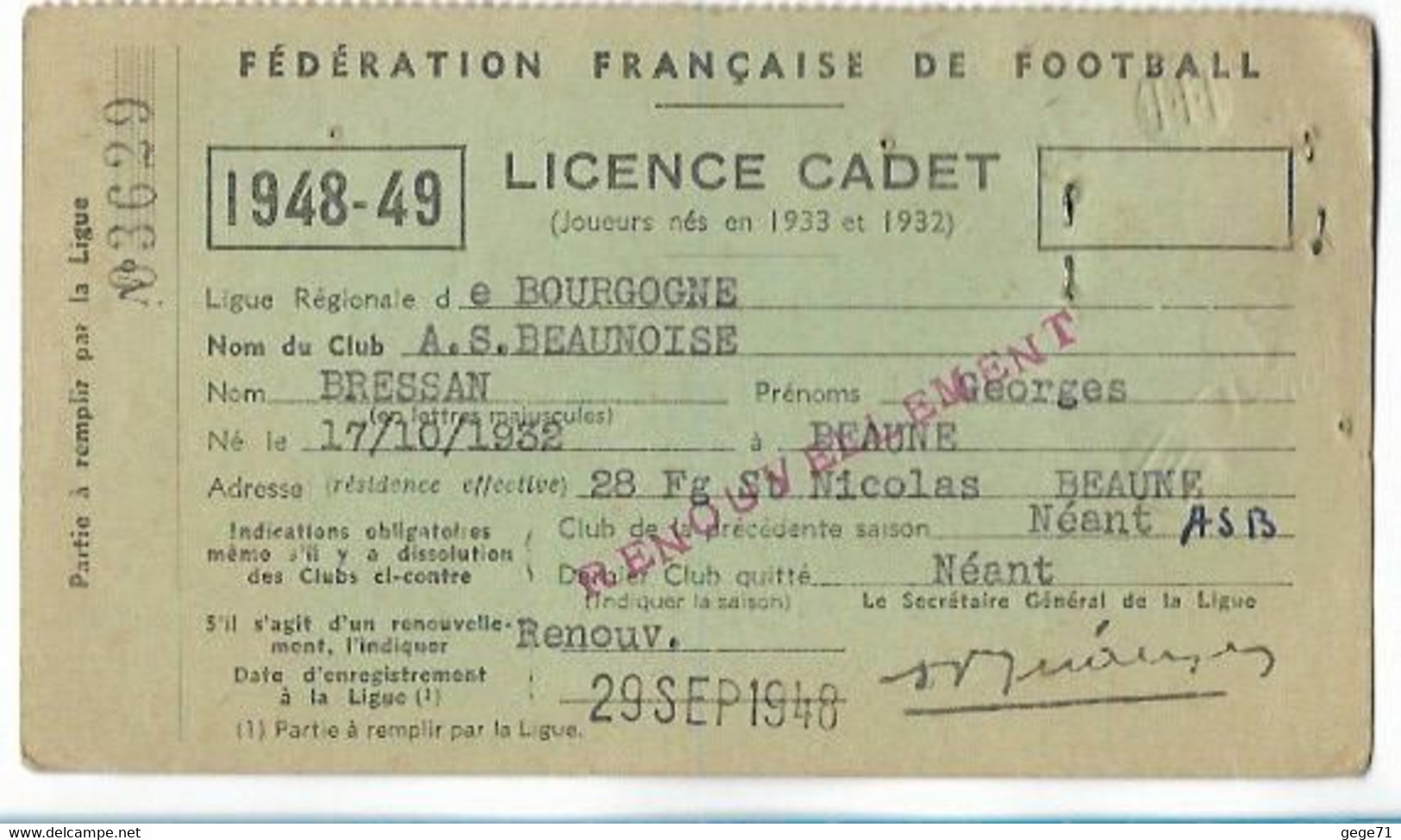 Beaune - Licence De Football - Association Sportive Beaunoise - 1948/49 Bressan Georges - Altri & Non Classificati