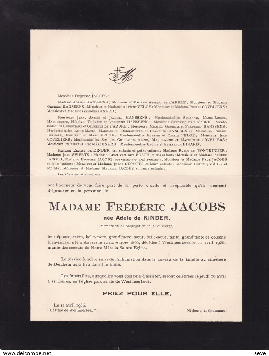 WESTMEERBEEK BERCHEM Adèle De KINDER épouse Frédéric JACOBS 1866-1936 Famille De BONTRIDDER VELGE HANSSENS - Esquela