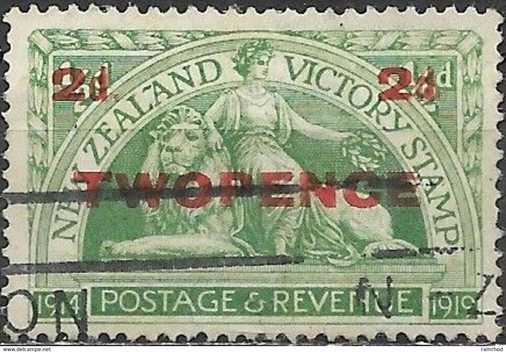 NEW ZEALAND 1922 Peace & Lion Surcharged - 2d.on 1/2 D - Green FU - Gebruikt