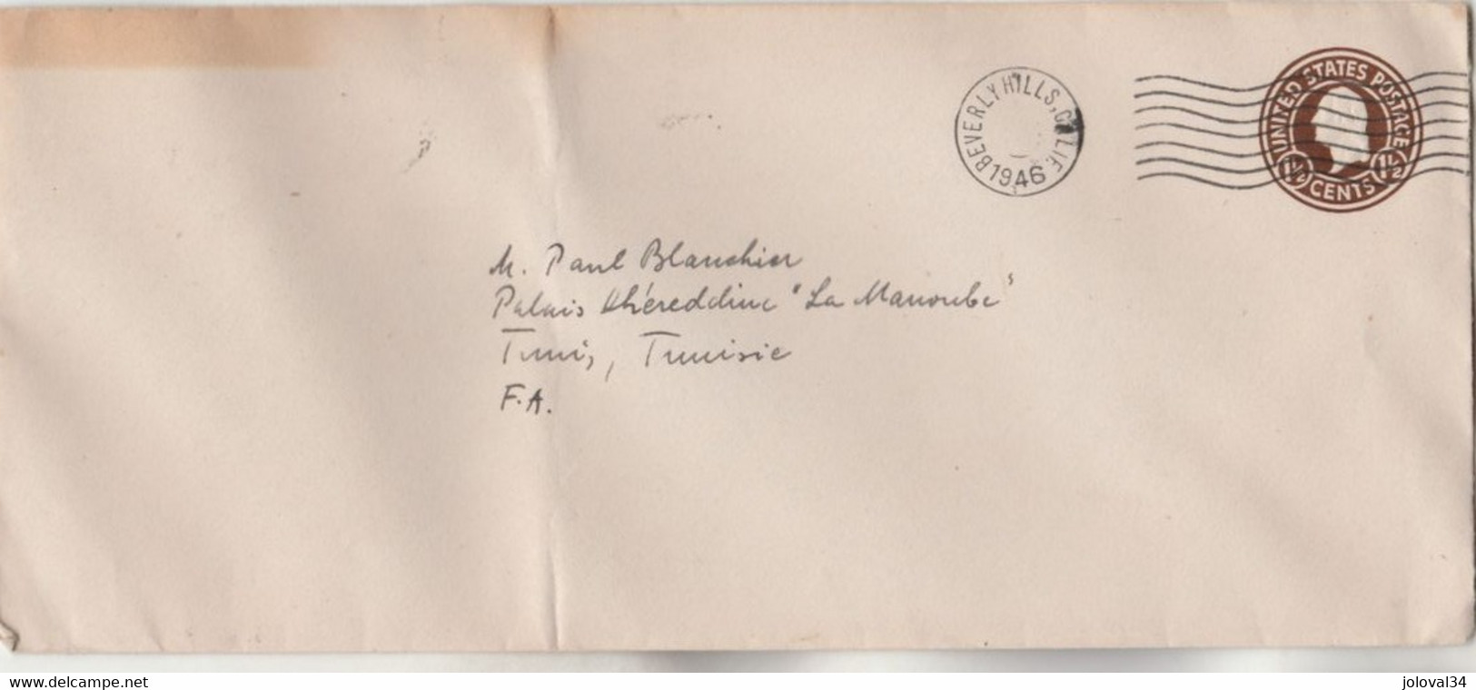 Etats Unis - Entier Lettre Cachet Sans Date 1946 BEVERLY HILLS Calif Pour Tunis Tunisie - 1941-60