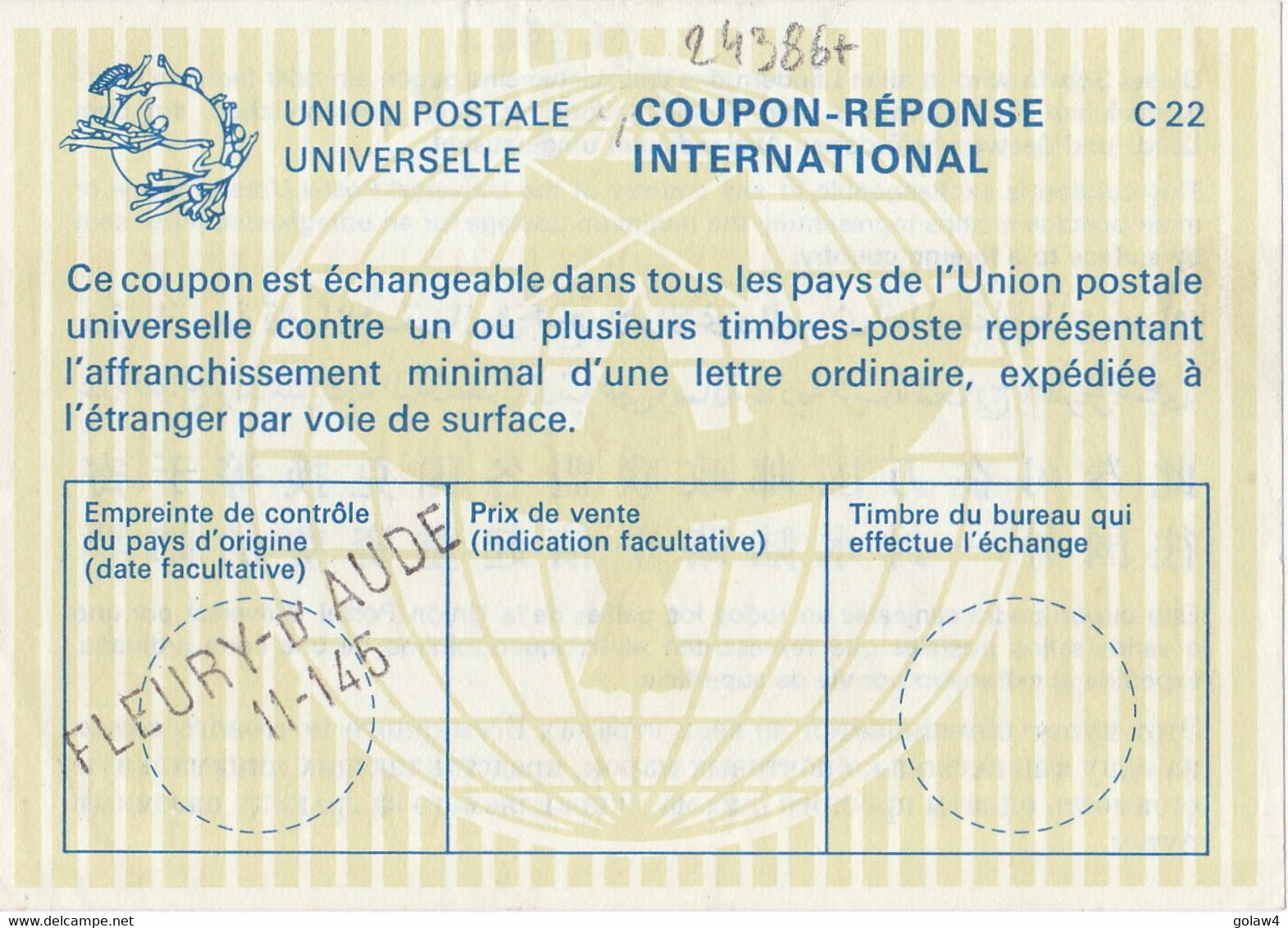 24386# COUPON REPONSE INTERNATIONAL  C22 FLEURY D' AUDE 11-145 - Reply Coupons