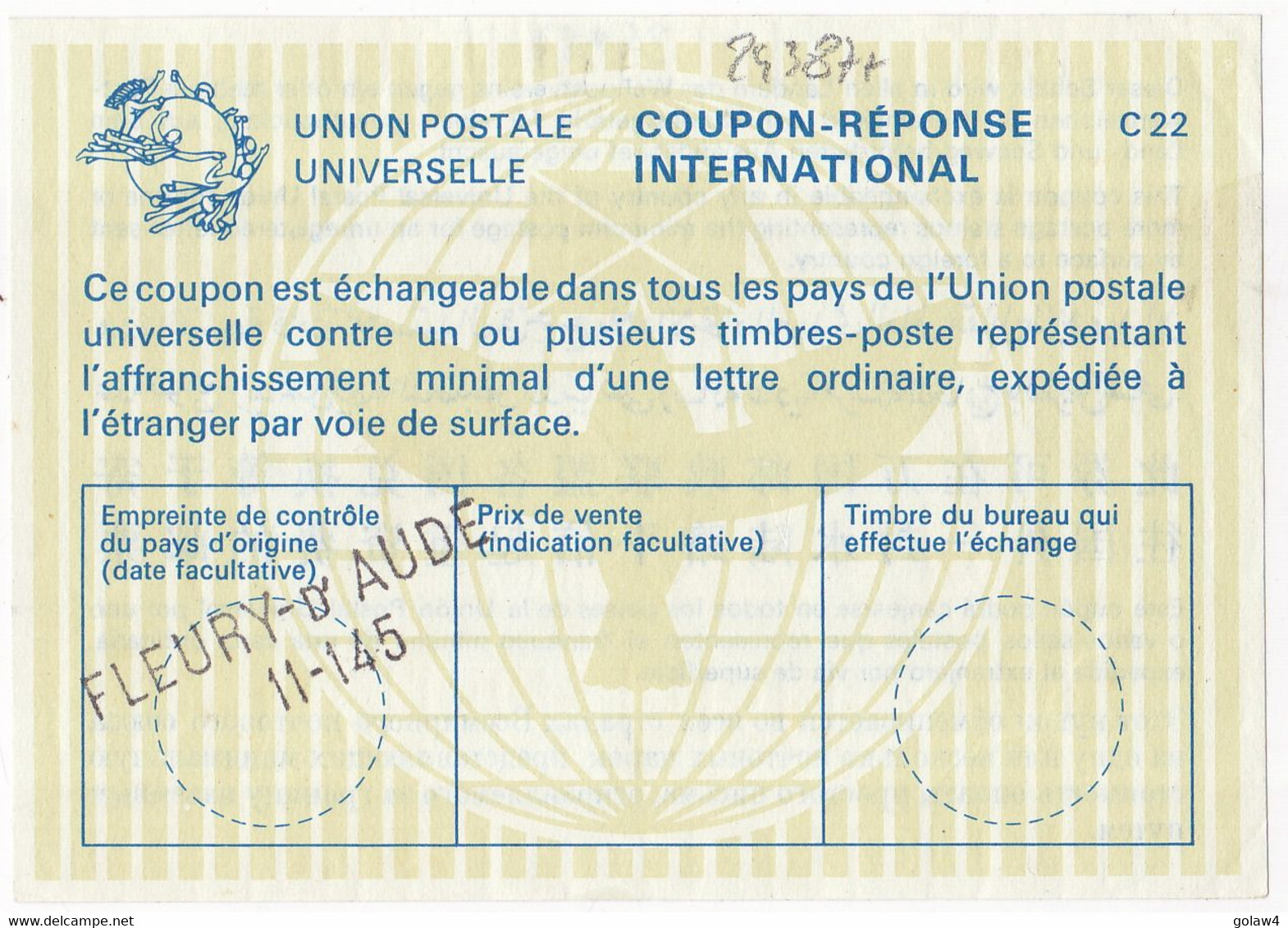 24387# COUPON REPONSE INTERNATIONAL  C22 FLEURY D' AUDE 11-145 - Coupons-réponse