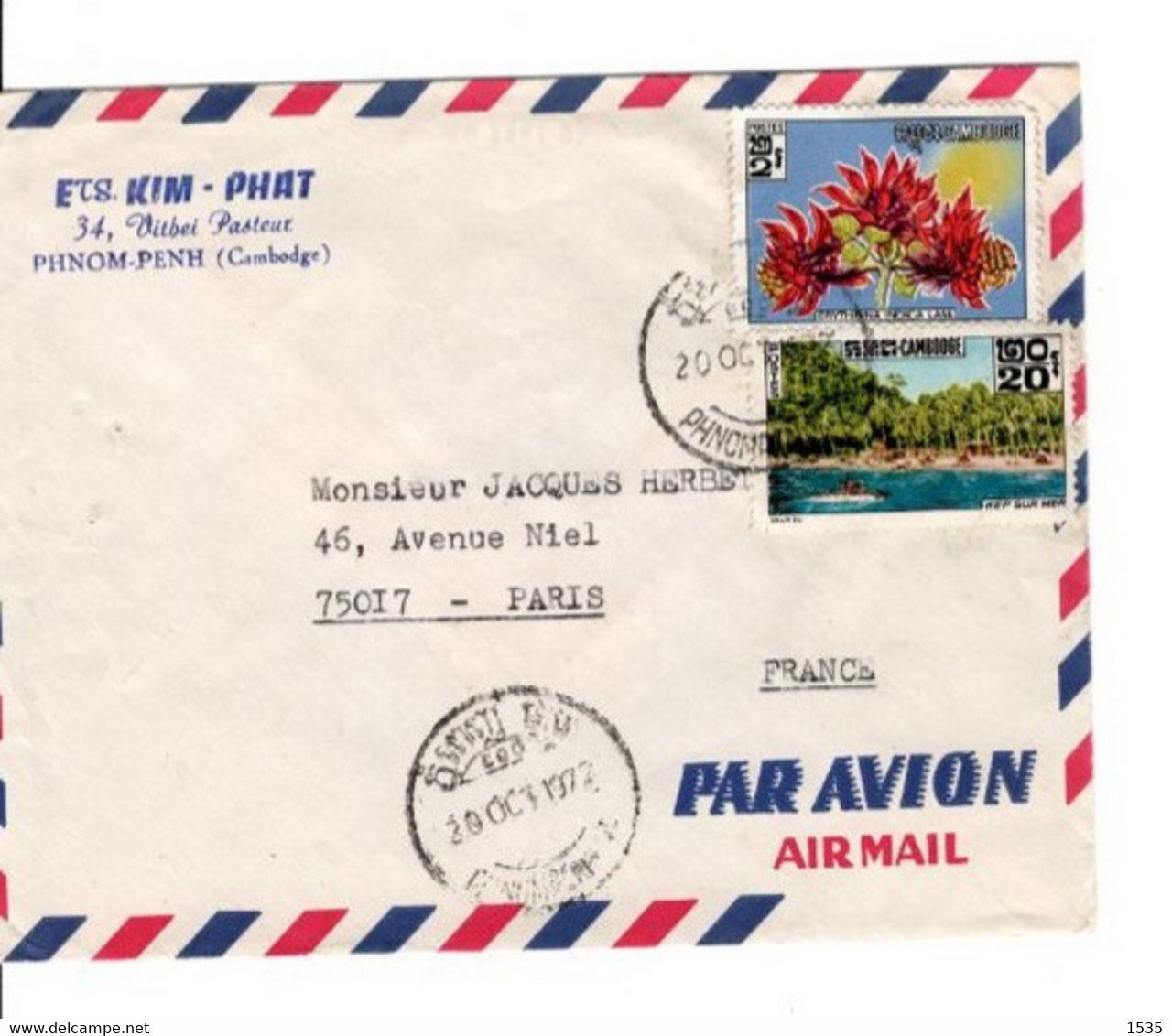 Lettre Du Cambodge Pour Paris De 1972, Par Avion, 2 Timbres, Avec Censure Khmère Au Verso. - Sonstige & Ohne Zuordnung