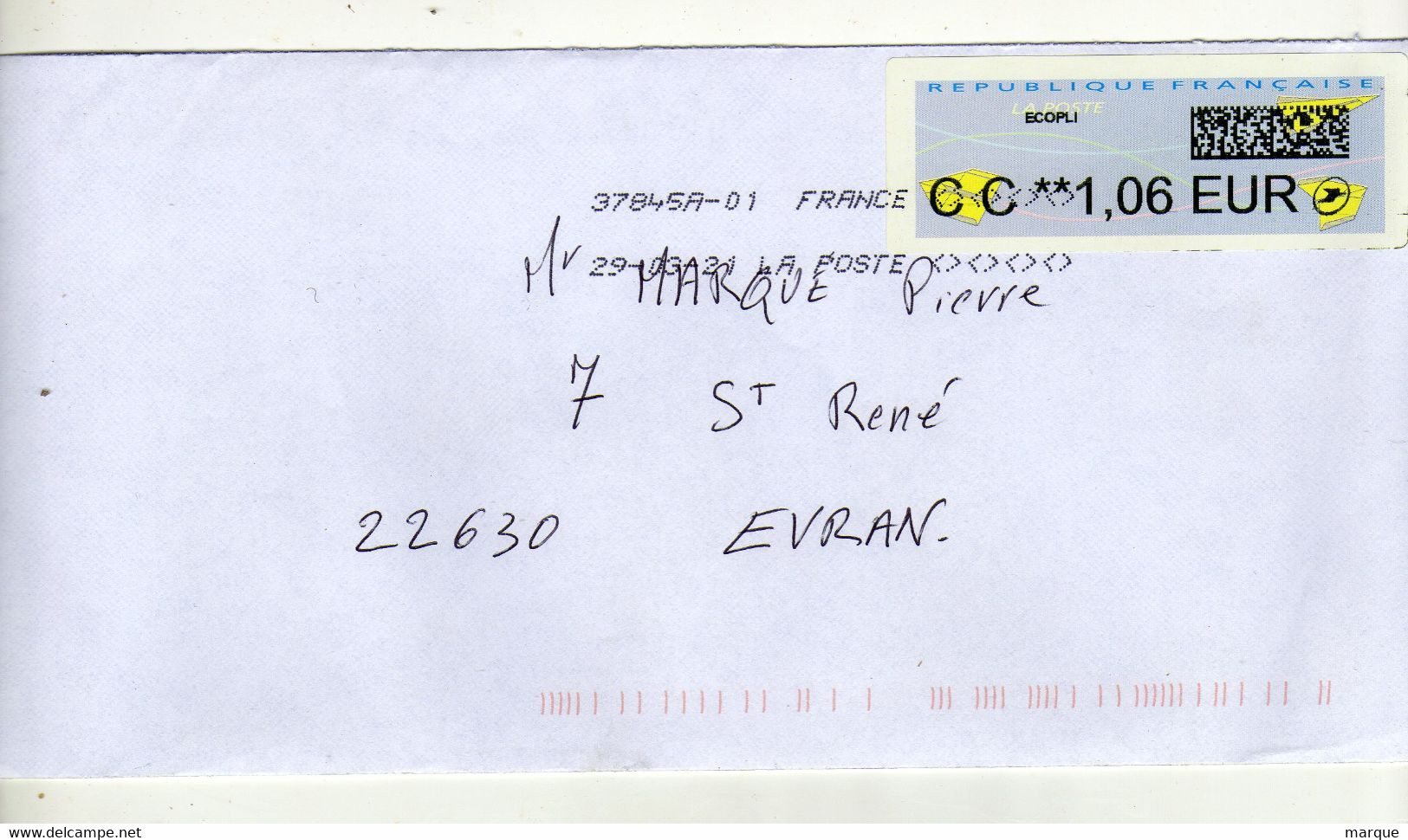 Enveloppe FRANCE Avec Vignette D' Affranchissement Ecopli Oblitération LA POSTE 37845A-01 29/03/2021 - 2000 « Avions En Papier »