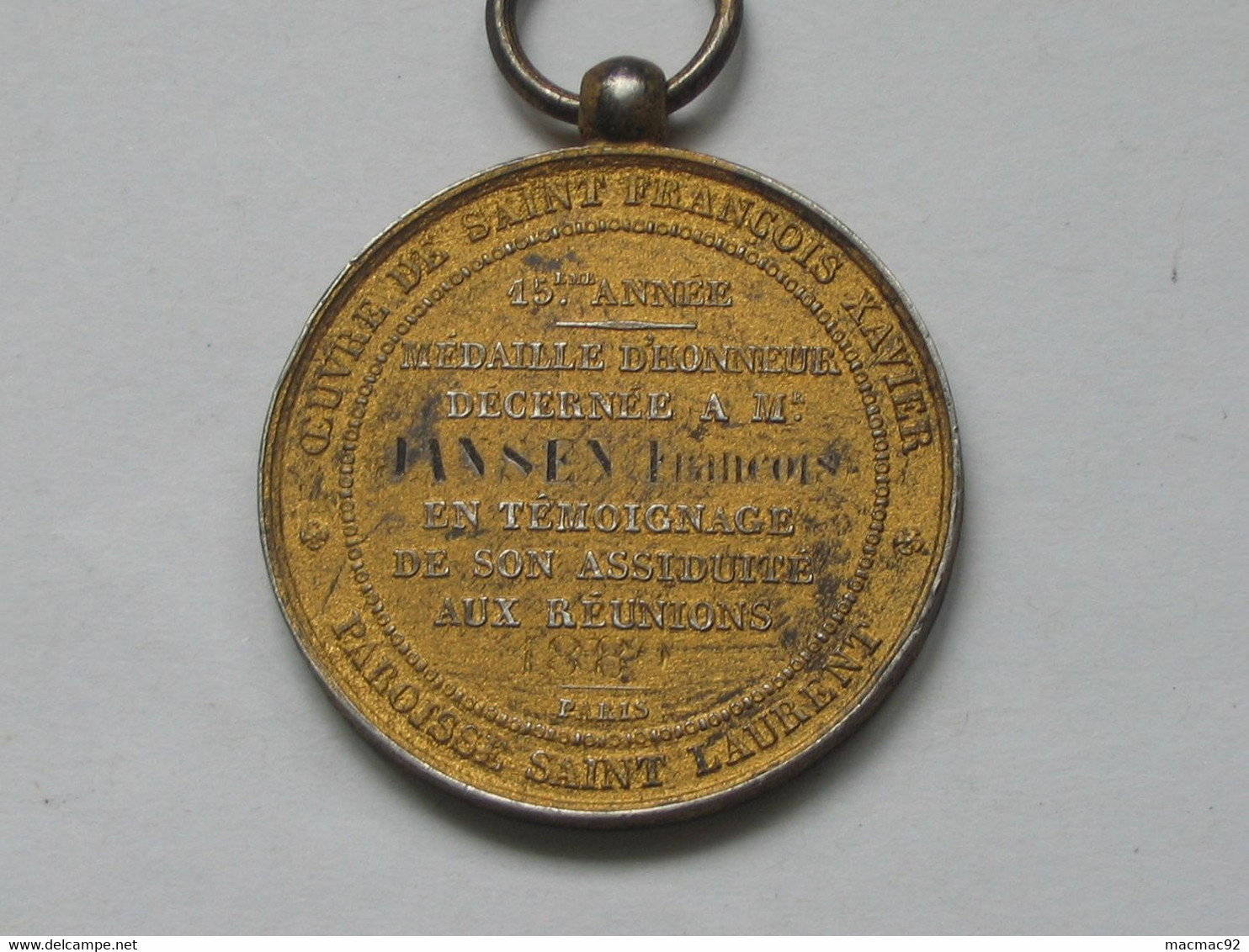 Médaille D'honneur Decernee A Mr Lansen - Saint Francois Xavier - Paroisse St Laurent   **** EN ACHAT IMMEDIAT **** - Religion & Esotericism