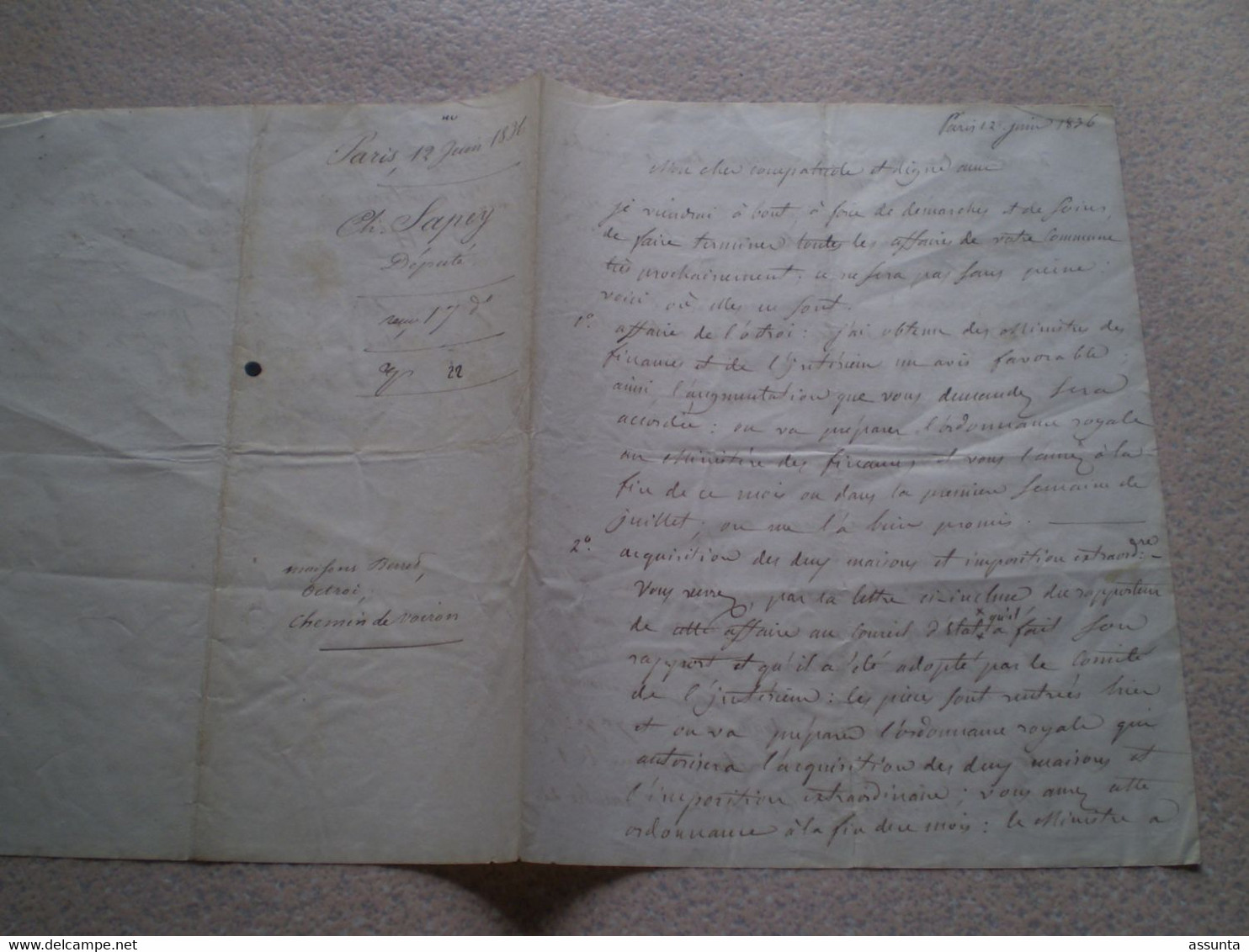 Grande Lettre Manuscrite De Charles Sapey Député De L'Isère Pour Berret Octroi Chemin De Voiron. 1836. Vizille? - Historical Documents