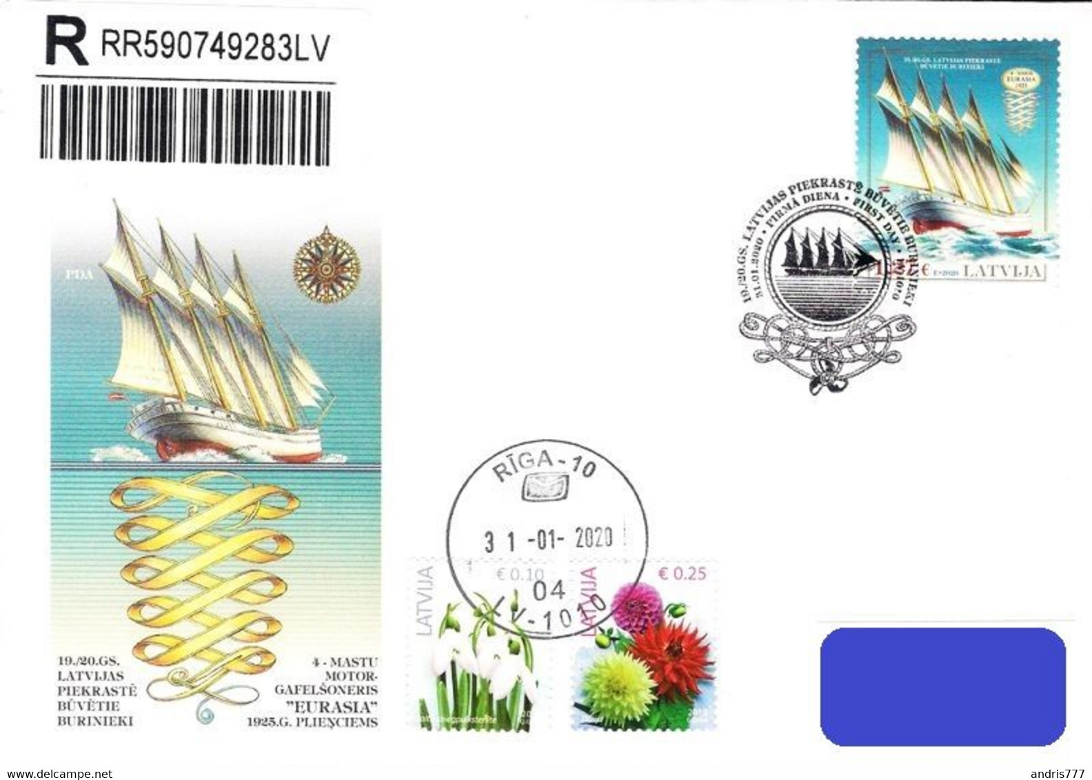 Latvia Lettland Lettonie 2020 (03) Historical Latvian Ships - Sailing Ship Eurasia 1925 (addressed FDC) - Lettonie