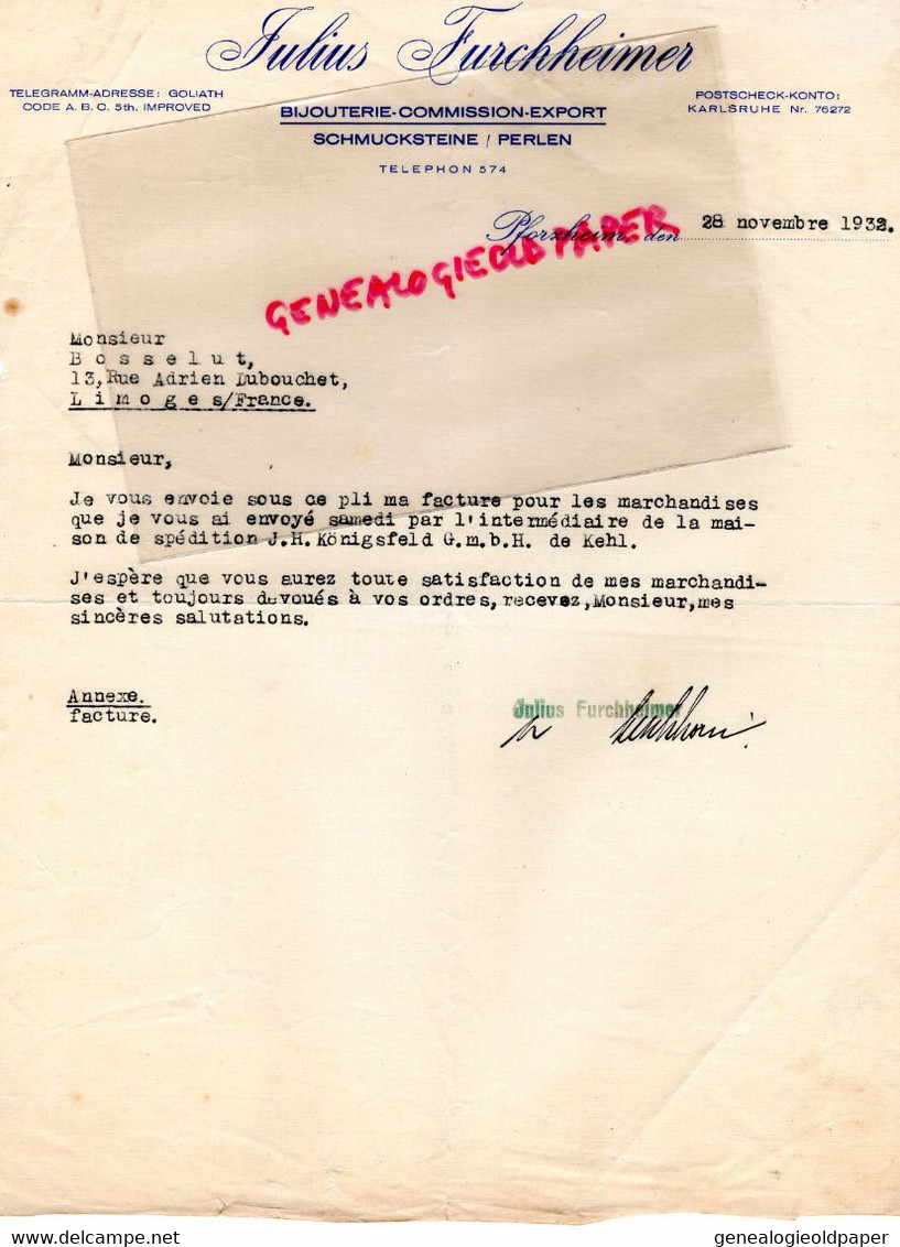 ALLEMAGNE - RARE LETTRE JULIUS FURCHHEIMER- BIJOUTERIE - BIJOUTIER  - BIJOUX -1932 - Petits Métiers