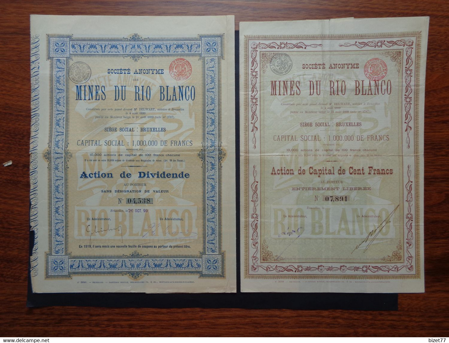 PEROU - 2 TITRES DIFFERENTS - SA DES MINES DU RIO BLANCO -  ACYION DE DIVIDENDE & ACTION DE 100 FRS - BRUXELLES 1899 - Other & Unclassified