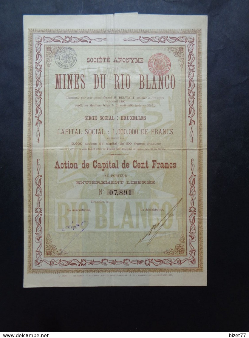 PEROU - 2 TITRES DIFFERENTS - SA DES MINES DU RIO BLANCO -  ACYION DE DIVIDENDE & ACTION DE 100 FRS - BRUXELLES 1899 - Altri & Non Classificati