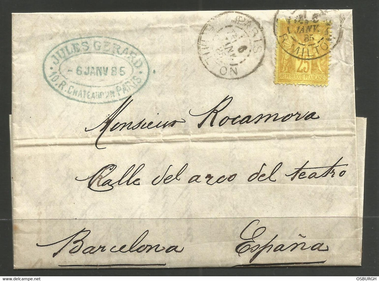 FRANCE. 1885. ENTIRE TO SPAIN. PARIS RUE MILTON POSTMARK. ADDRESSED TO BARCELONA - 1876-1898 Sage (Type II)