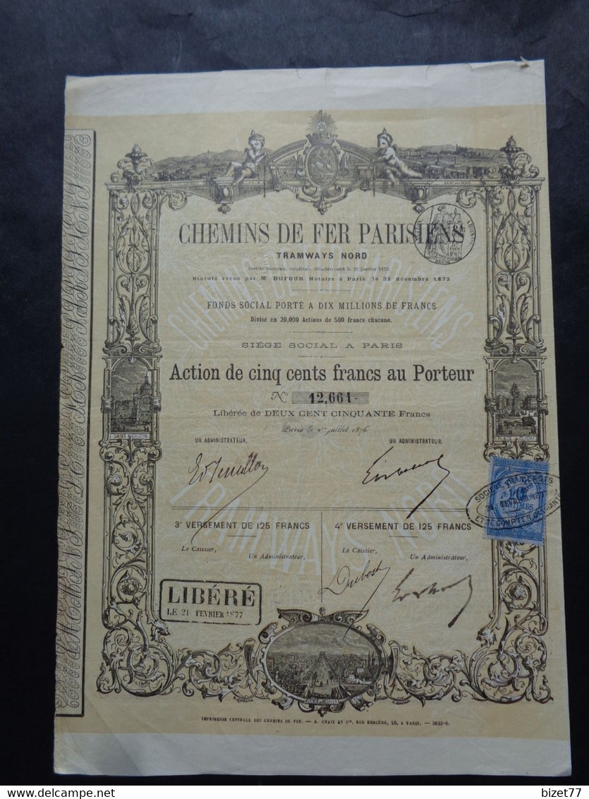 FRANCE - PARIS 1876 - CHEMIN DE FER PARISIENS, TRAMWAYS NORD - ACTION DE 500 FRS - CAPITAL 10 MILLIONS - Otros & Sin Clasificación