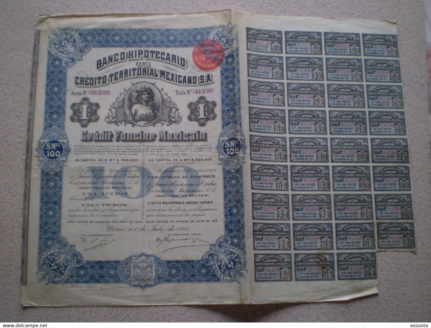 Action Crédit Foncier Mexicain, Banco Hipotecario Mexicano 100 Pesos Ou 100 Piastres 1911 - A - C