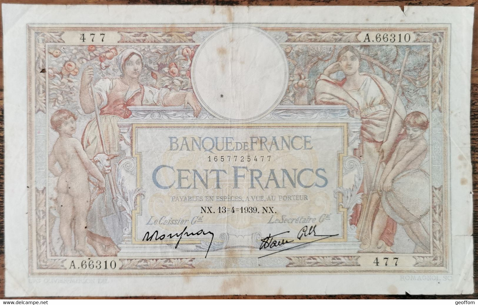 Billet 100 Francs LUC OLIVIER MERSON 13 = 4 = 1939 FRANCE A.66310 - 100 F 1908-1939 ''Luc Olivier Merson''