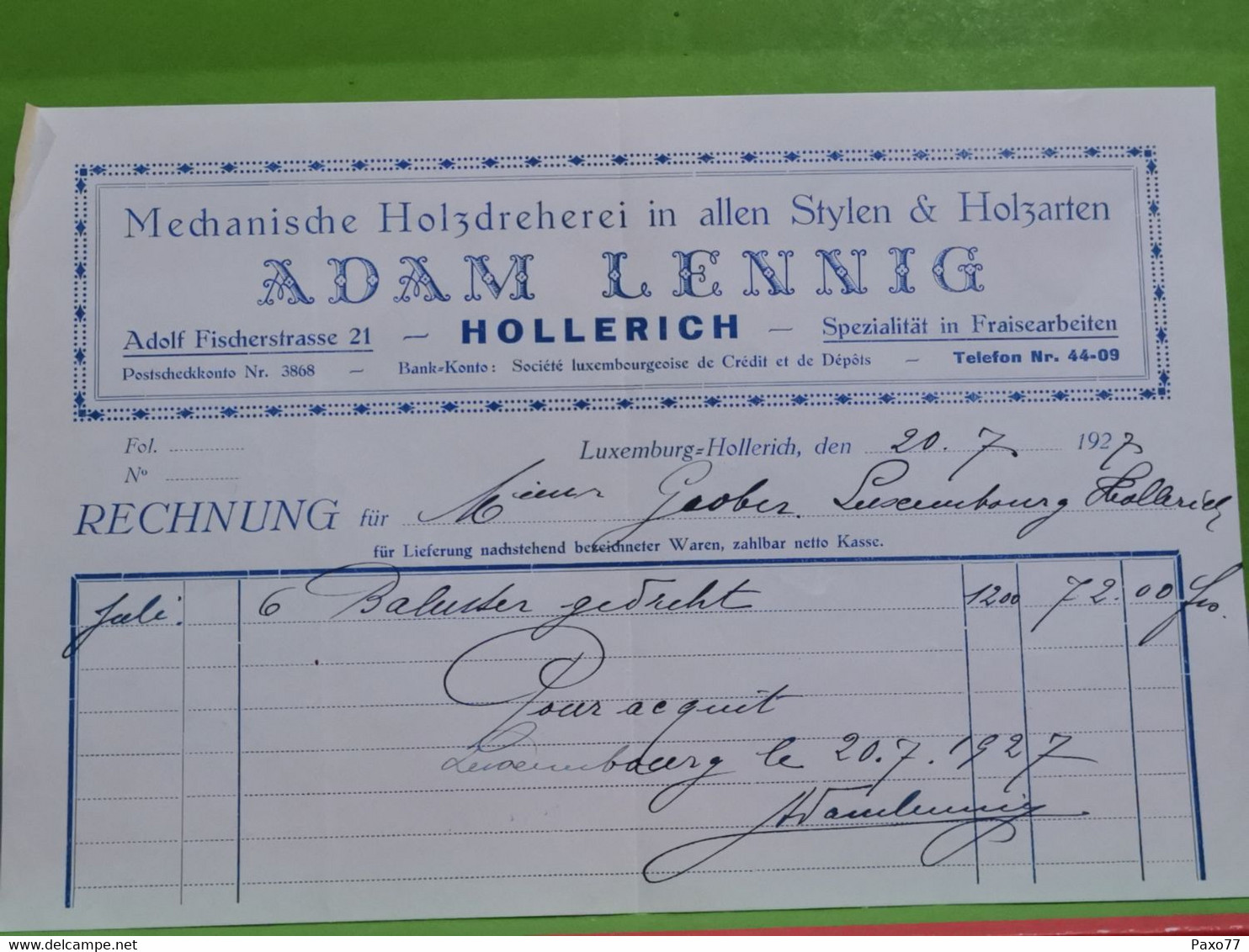 Mamer, Facture Adam Lennig. Hollerich 1927 - Luxembourg