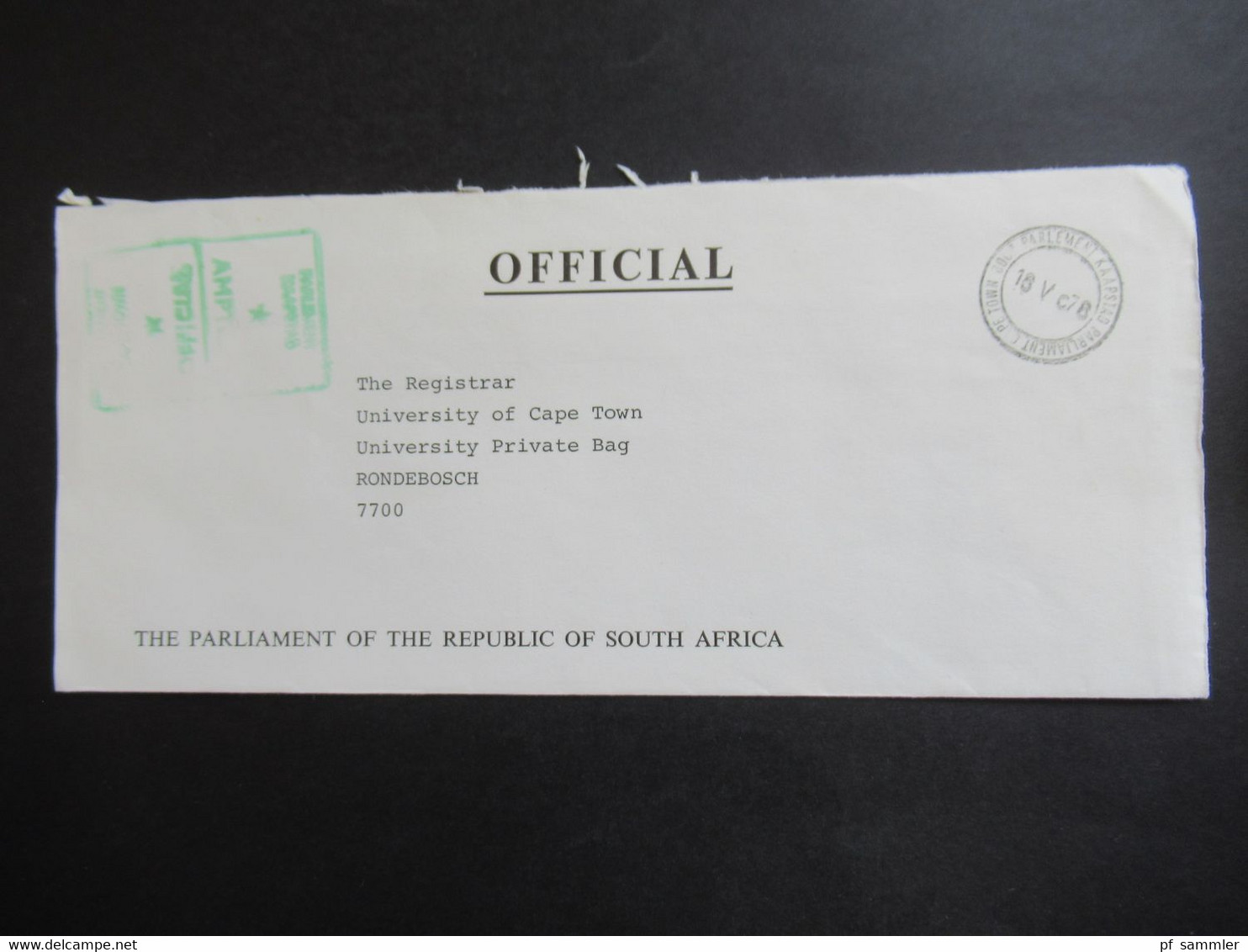 RSA / Süd - Afrika 1978 Grüner Stempel  Amptelik Official Parliament Cape Town / Umschlag The Parliament Of The RSA - Storia Postale