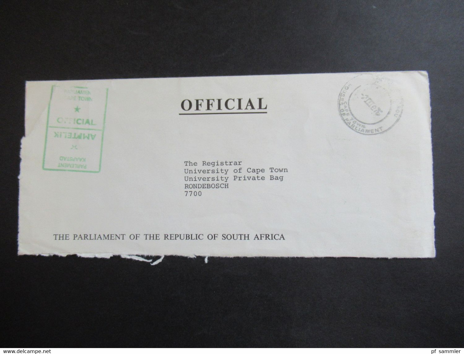 RSA / Süd - Afrika 1976 Grüner Stempel  Amptelik Official Parliament Cape Town / Umschlag The Parliament Of The RSA - Brieven En Documenten