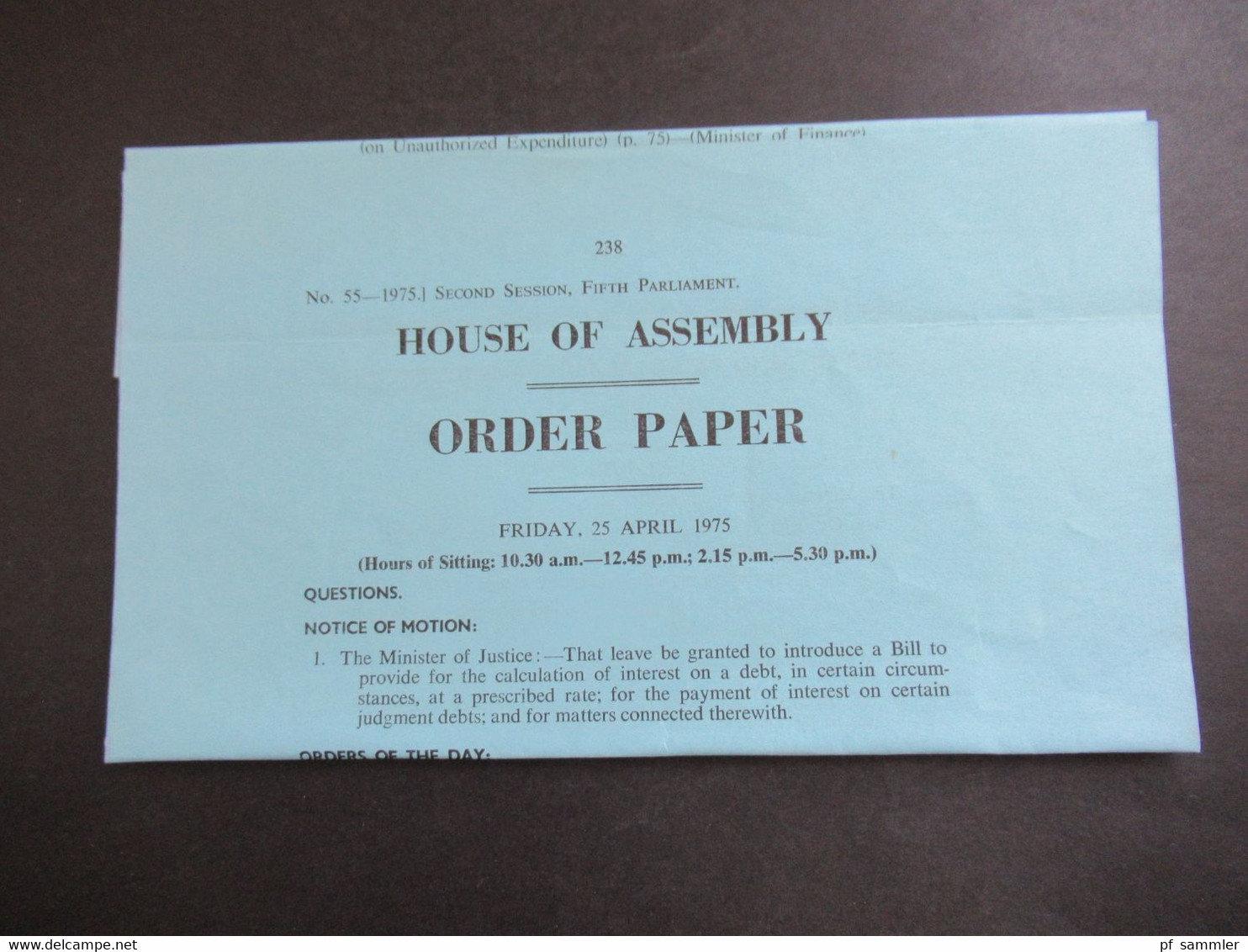 RSA / Süd - Afrika Friday 25 April 1975 Programm Secon Session Fifth Parliament House Of Assembly Order Paper - Programmes