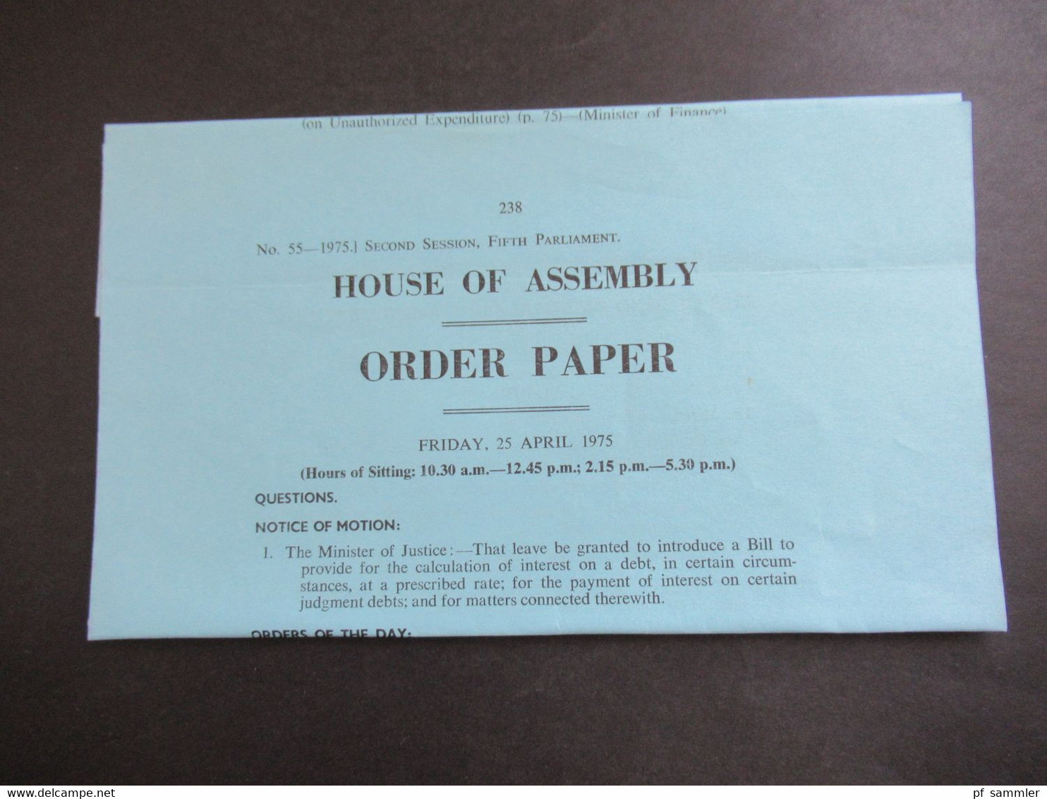 RSA / Süd - Afrika Friday 25 April 1975 Programm Secon Session Fifth Parliament House Of Assembly Order Paper - Programas