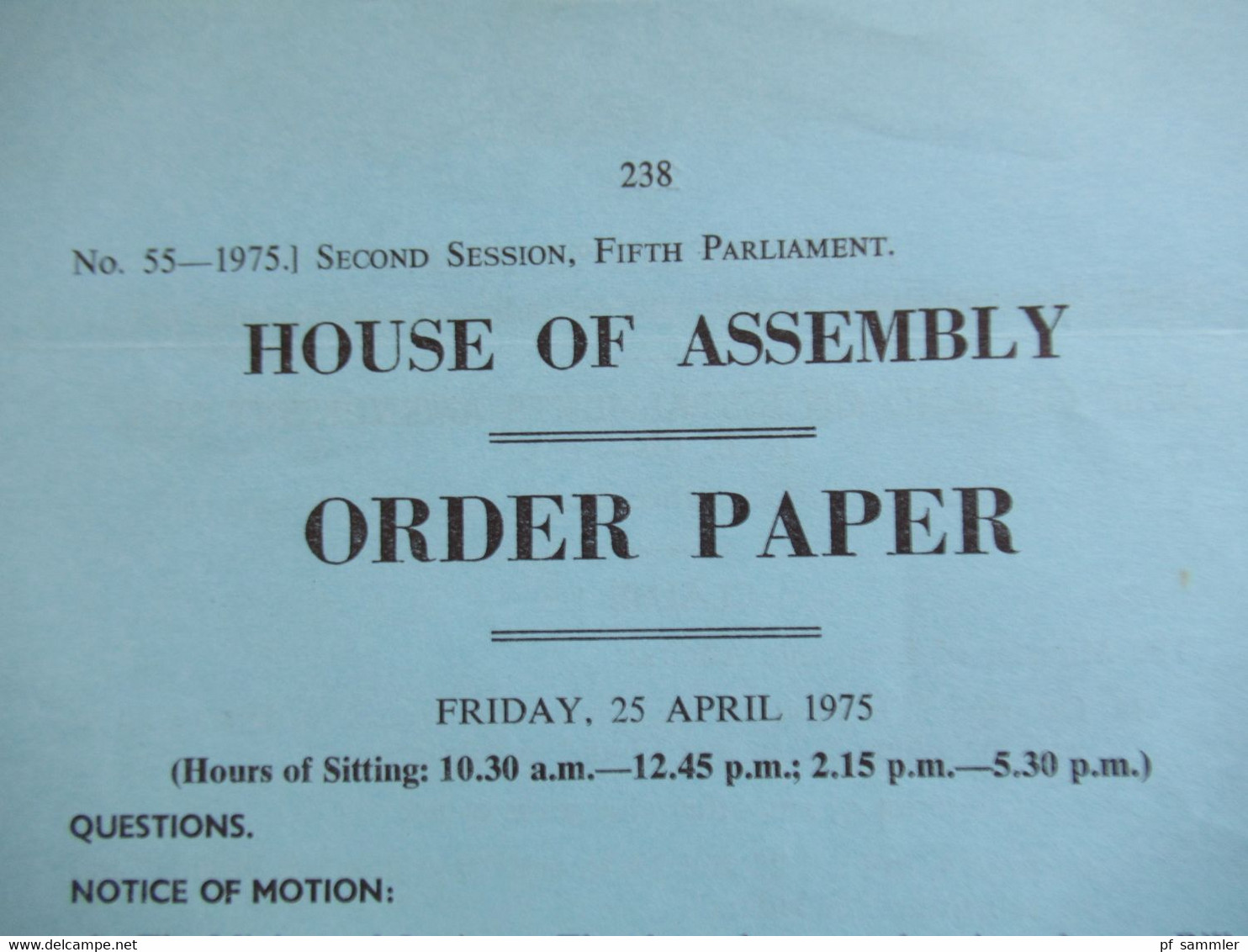 RSA / Süd - Afrika Friday 25 April 1975 Programm Secon Session Fifth Parliament House Of Assembly Order Paper - Programmi