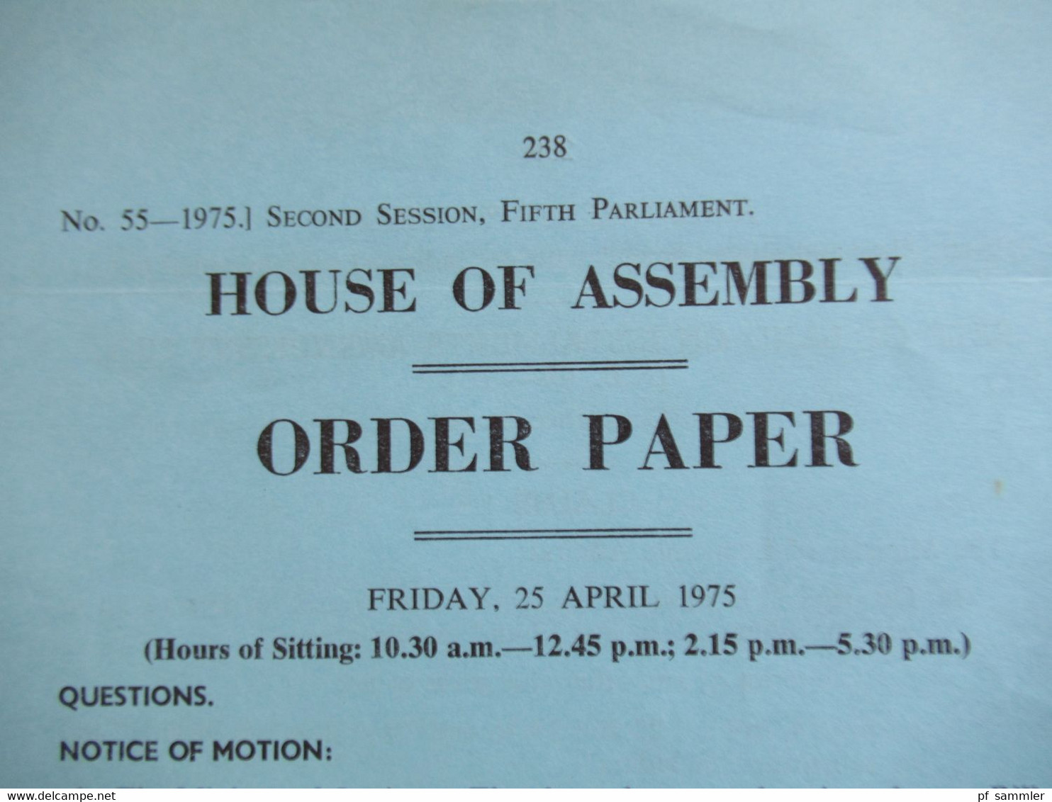 RSA / Süd - Afrika Friday 25 April 1975 Programm Secon Session Fifth Parliament House Of Assembly Order Paper - Programas