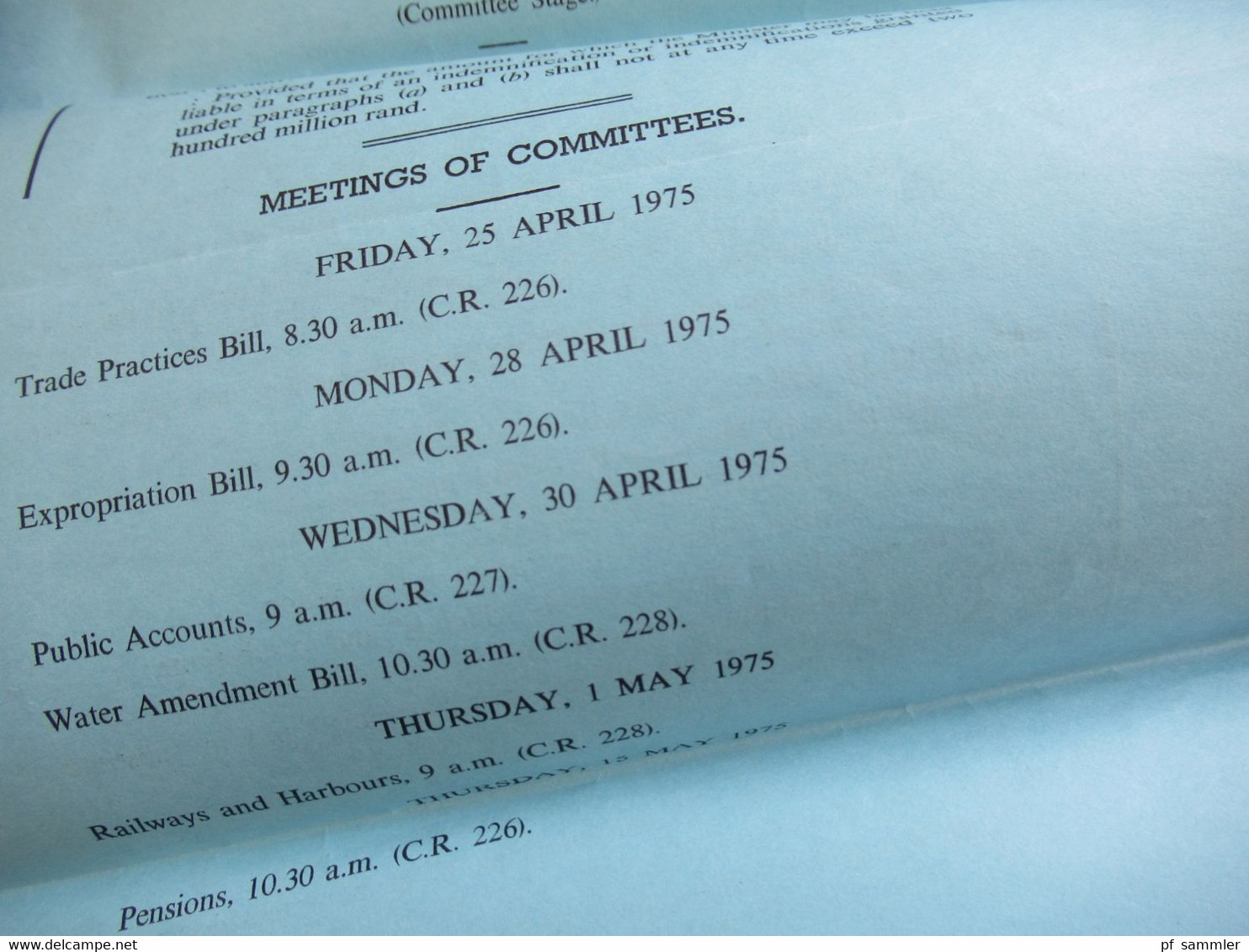 RSA / Süd - Afrika Friday 25 April 1975 Programm Secon Session Fifth Parliament House Of Assembly Order Paper