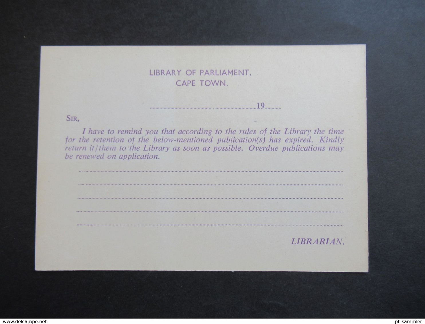 RSA / Süd - Afrika Bis 1961 Post Card Union RSA Bestellkarte Der Library Of Parliament Cape Town Bücherzettel - Andere & Zonder Classificatie