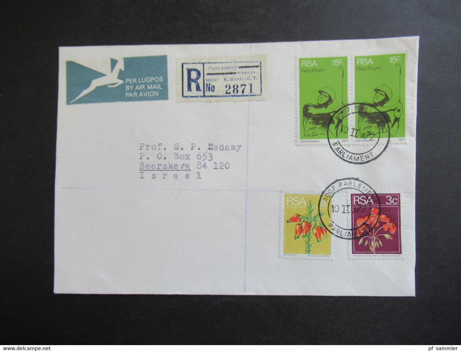 RSA / Süd - Afrika 1977 Air Mail Nach Israel R-Zettel Parlement Parliament K. Stad / Cape Town Volksraad Kaapstad - Brieven En Documenten