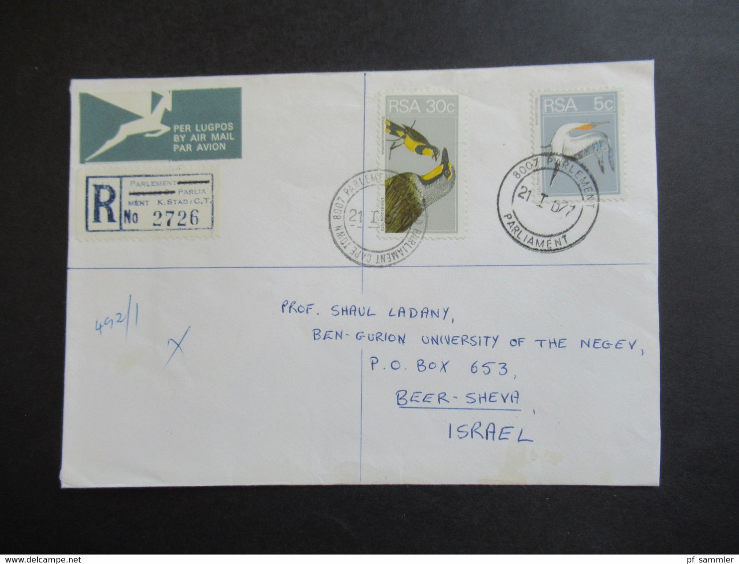 RSA / Süd - Afrika 1977 Air Mail Nach Israel R-Zettel Parlement Parliament K. Stad / Cape Town Volksraad Kaapstad - Cartas & Documentos