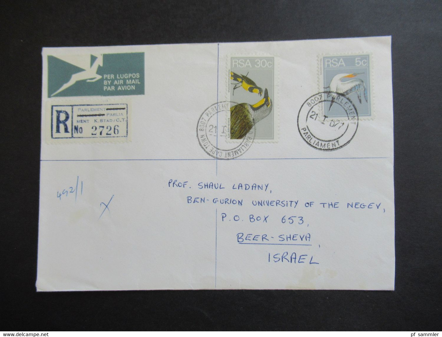 RSA / Süd - Afrika 1977 Air Mail Nach Israel R-Zettel Parlement Parliament K. Stad / Cape Town Volksraad Kaapstad - Storia Postale