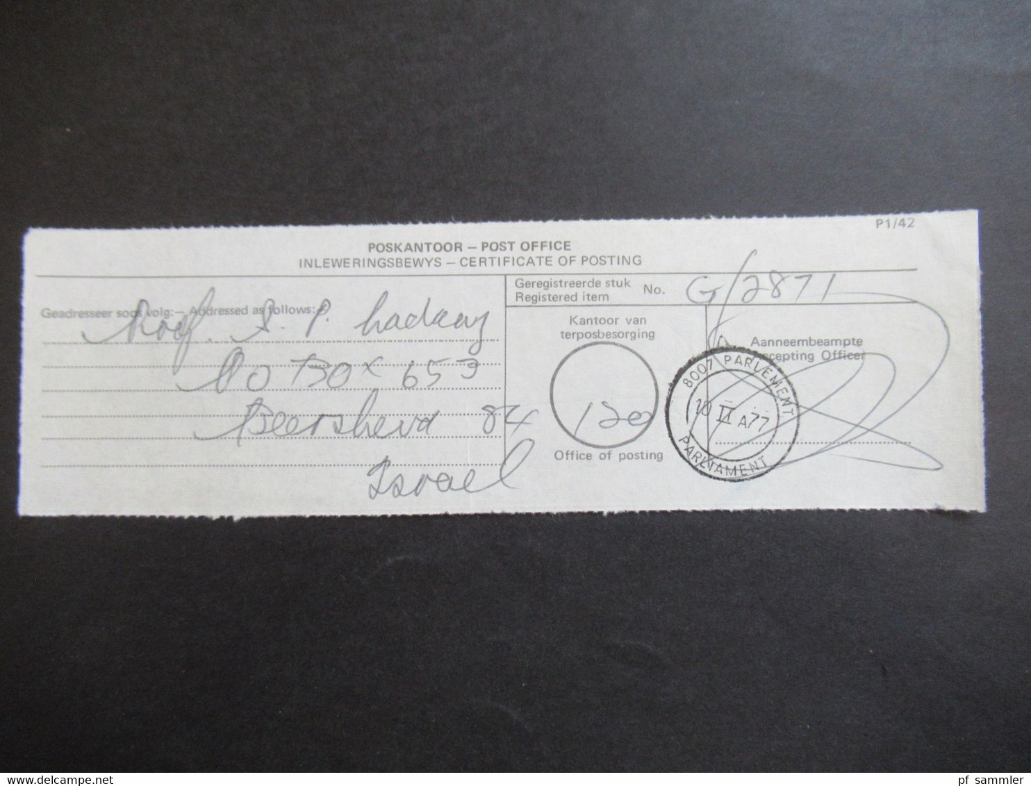 RSA / Süd - Afrika 1977 Poskantoor - Post Office Certificate Of Posting / Einlieferungsschein Stempel Parliament - Brieven En Documenten