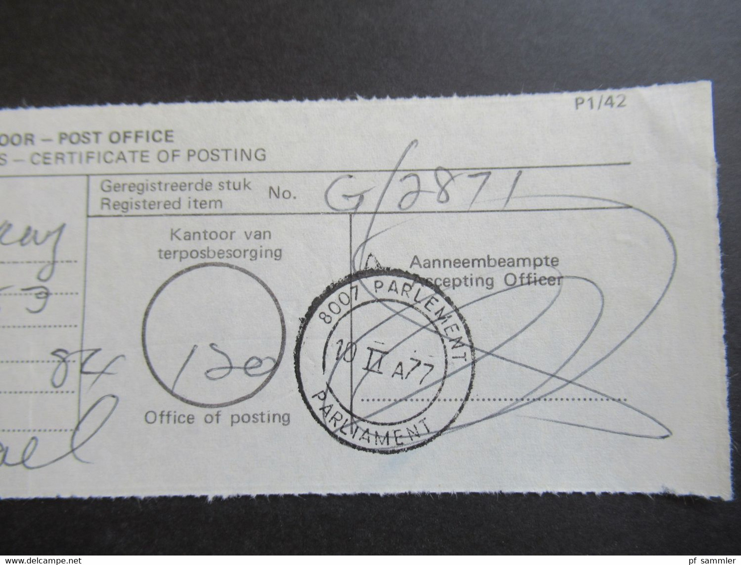 RSA / Süd - Afrika 1977 Poskantoor - Post Office Certificate Of Posting / Einlieferungsschein Stempel Parliament - Cartas & Documentos