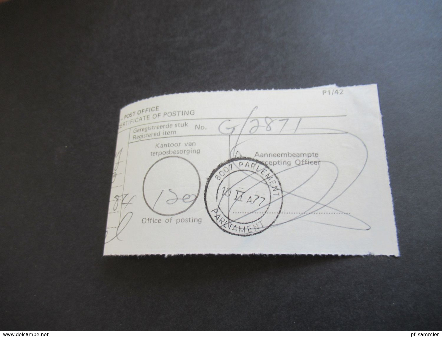 RSA / Süd - Afrika 1977 Poskantoor - Post Office Certificate Of Posting / Einlieferungsschein Stempel Parliament - Storia Postale