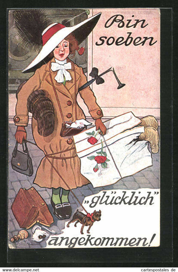 Künstler-AK P. O. Engelhard (P.O.E.) (unsign.): Dame Wird Von Der Hundeleine Gefesselt - Engelhard, P.O. (P.O.E.)