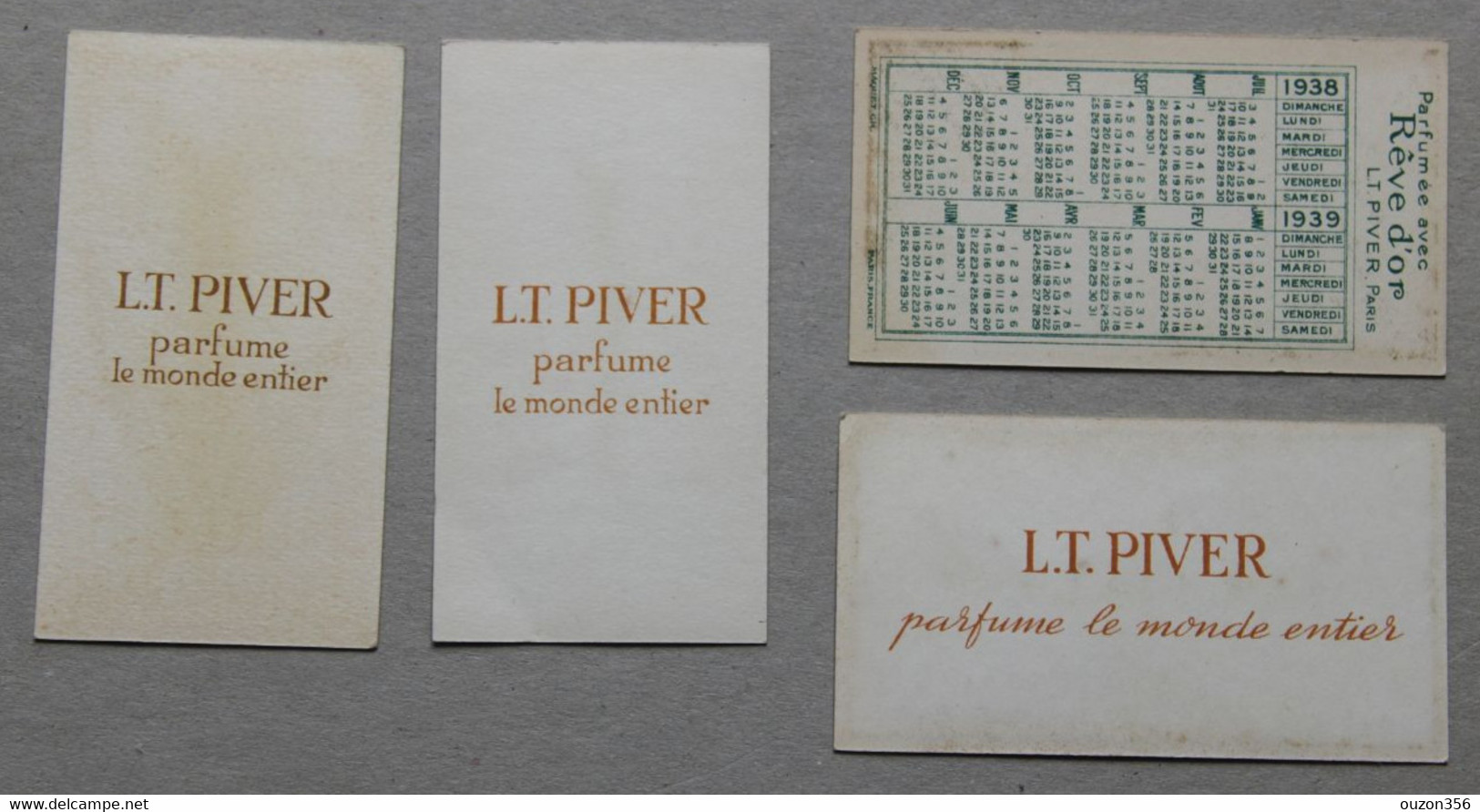 Lot De 4 Cartes Parfumées Piver Paris (Muguet, Inclination, Rêve D'Or), Une Avec Calendrier 1938-39 - Anciennes (jusque 1960)