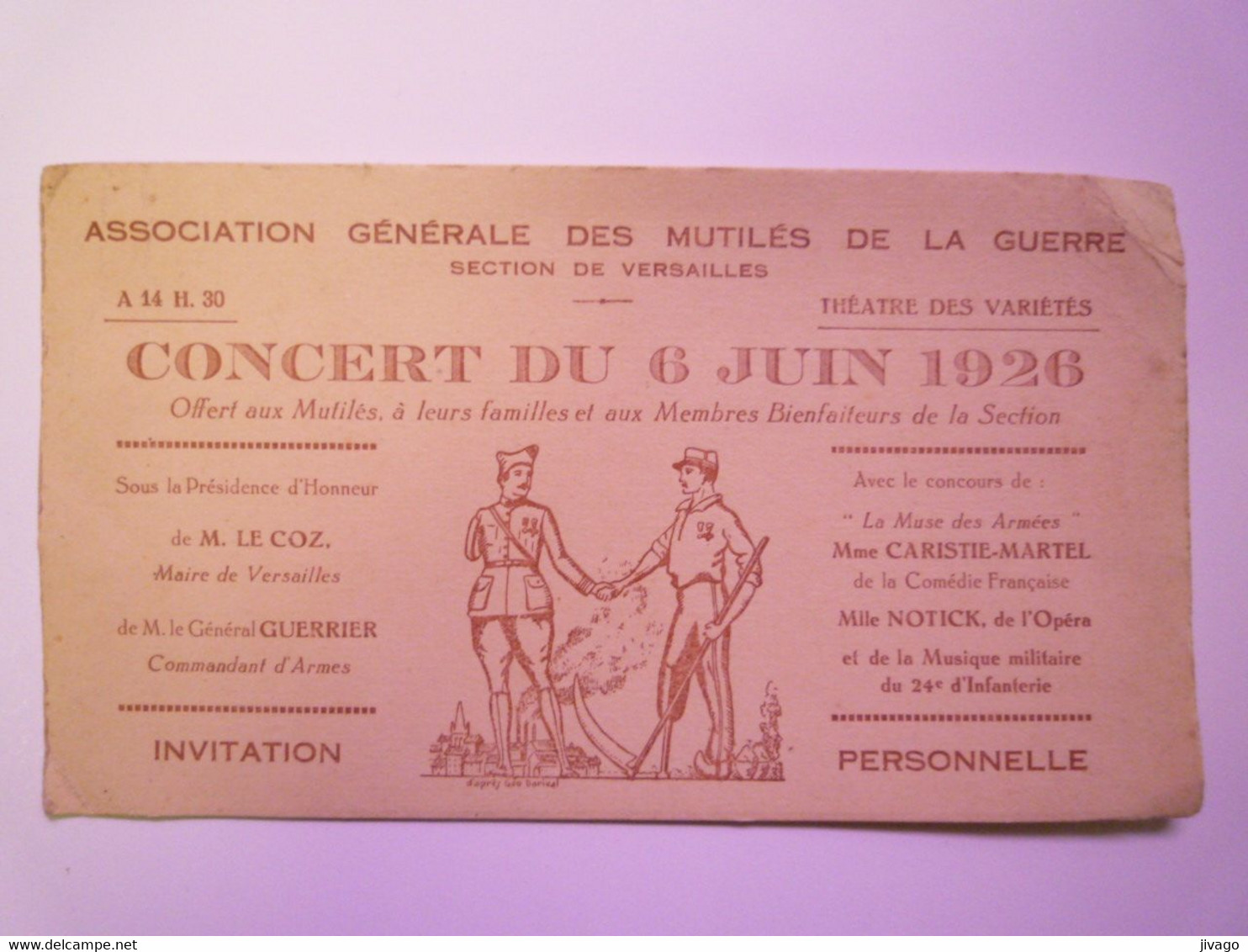 2021 - 1816  VERSAILLES  :  INVITATION Au CONCERT Du 6 Juin 1926 En Faveur Des Mutilés De Guerre   XXX - Non Classés