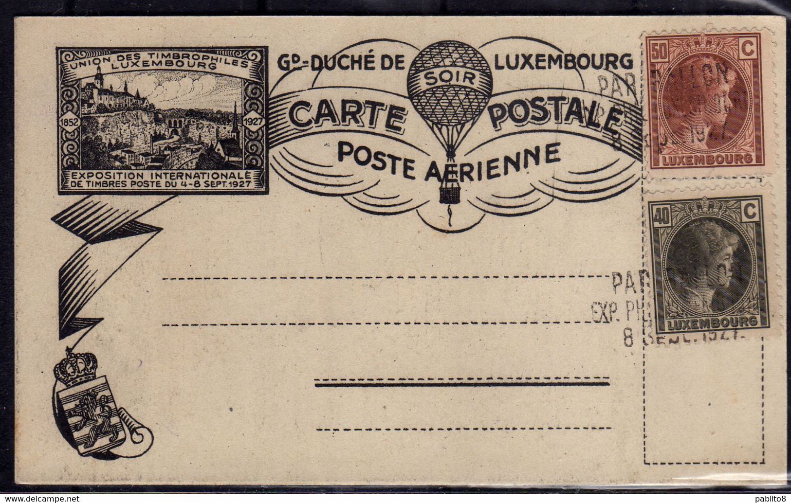 LUXEMBOURG LUSSEMBURGO 1927 POSTE ARIENNE CARTE POSTALE POSTA CARD EXPO INTERNATIONALE LAST DAY CANCEL - Commemoration Cards