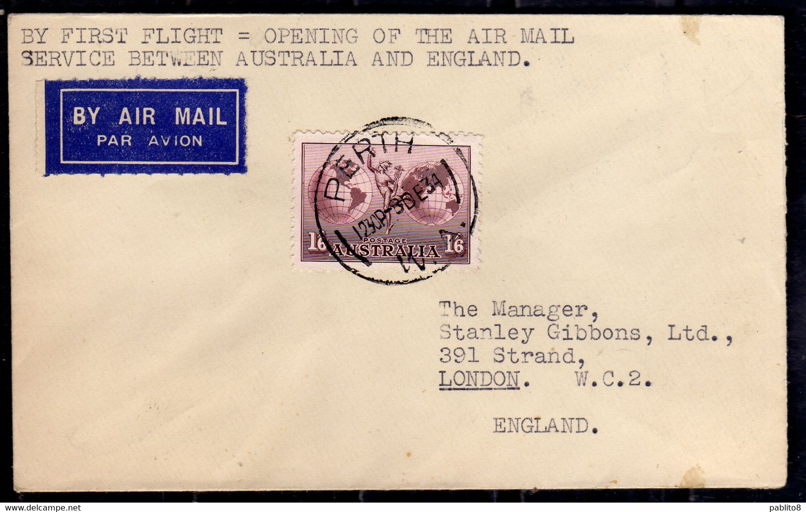 AUSTRALIA 1934 FIRST FLIGHT TO ENGLAND AIR MAIL POSTA AEREA AIRMAIL MERCURY AND Hemispheres 1/6 1sh 6p COVER AEROGRAM - Used Stamps