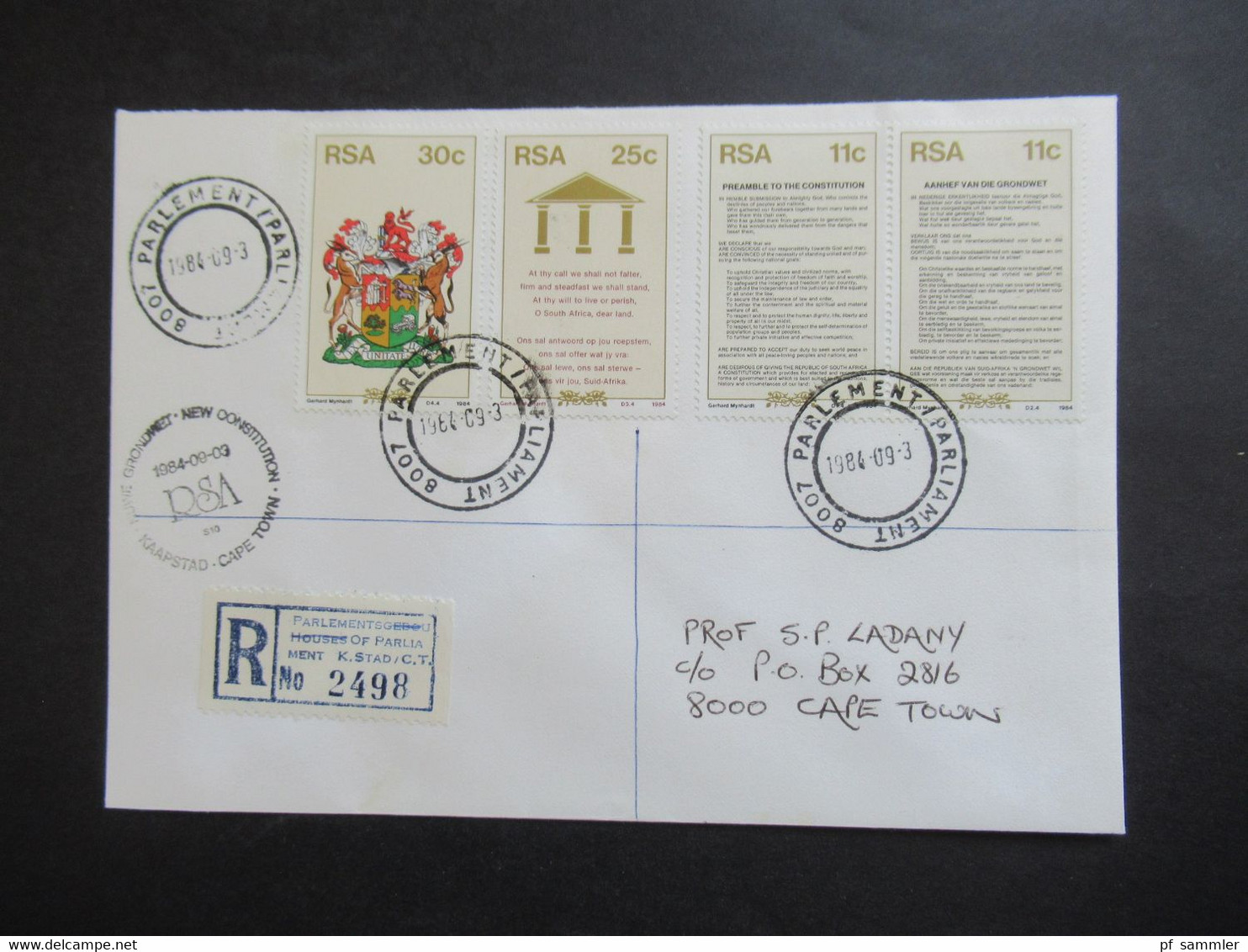 RSA / Süd - Afrika 1984 Air Mail Nach Israel R-Zettel Parlement Parliament K. Stad Umschlag House Of Assembly Cape Town - Storia Postale