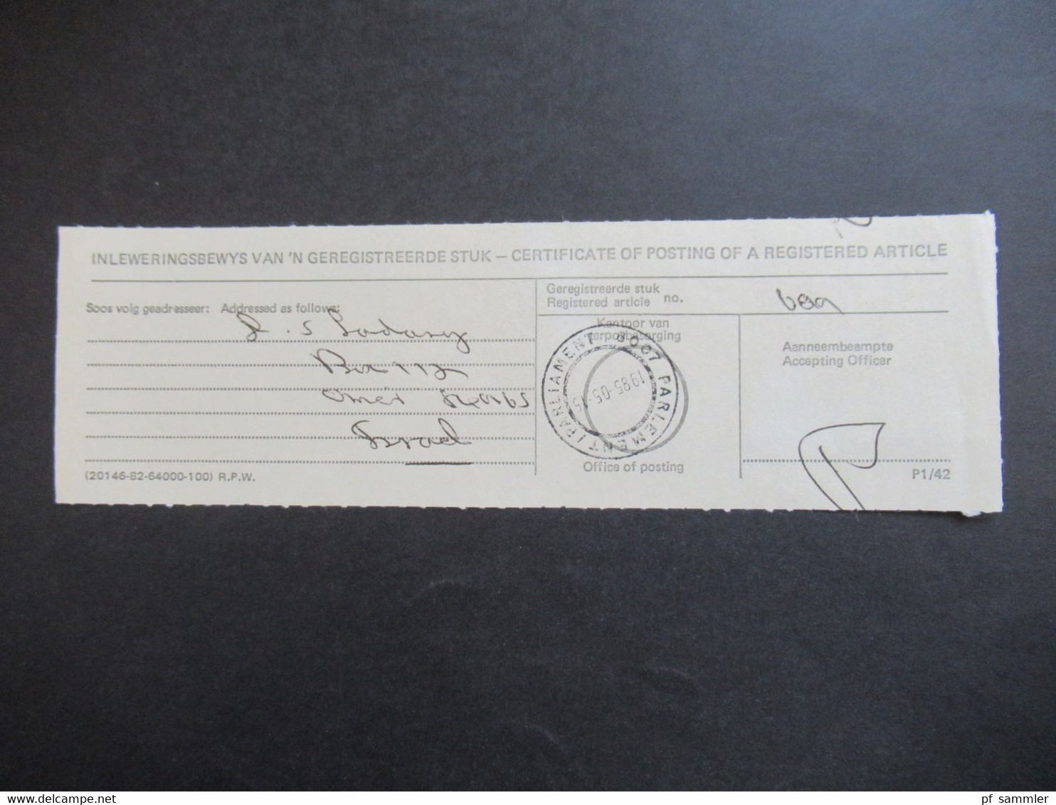 RSA / Süd - Afrika 1985 Poskantoor - Post Office Certificate Of Posting / Einlieferungsschein Stempel Parliament - Briefe U. Dokumente