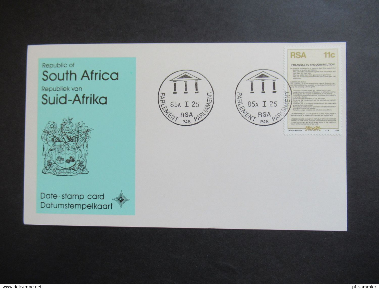 RSA / Süd - Afrika 1985 Date Stamp Card Mit Stempel Parlement / Parliament RSA Preamble Of The Constitution - Storia Postale