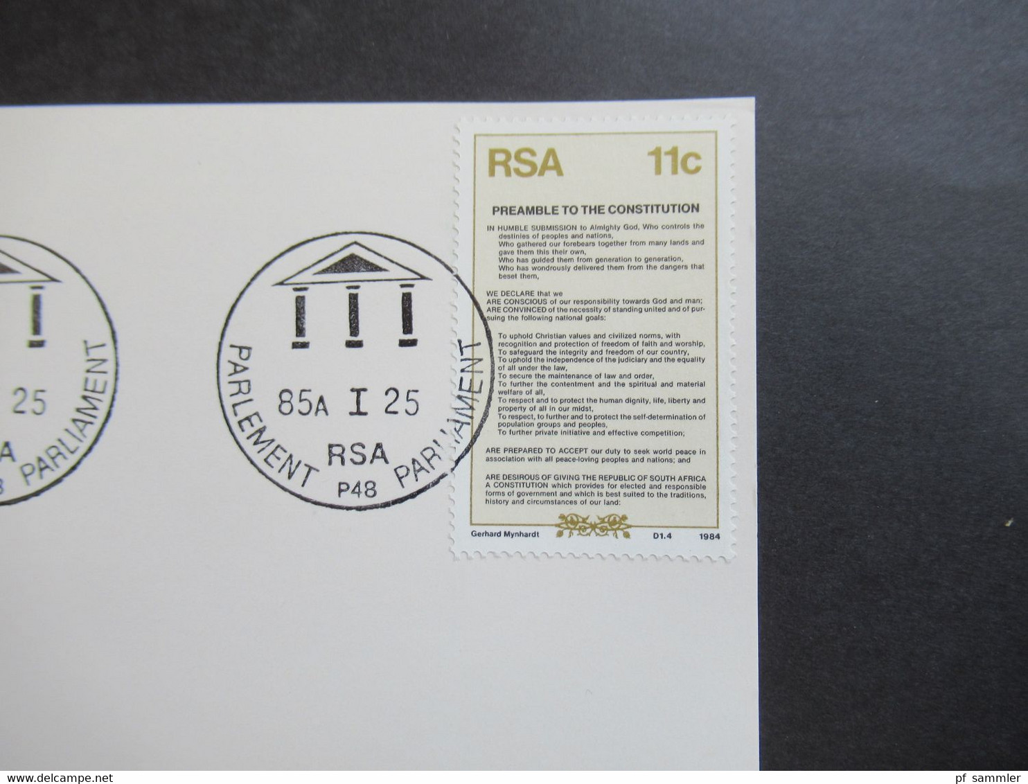 RSA / Süd - Afrika 1985 Date Stamp Card Mit Stempel Parlement / Parliament RSA Preamble Of The Constitution - Briefe U. Dokumente