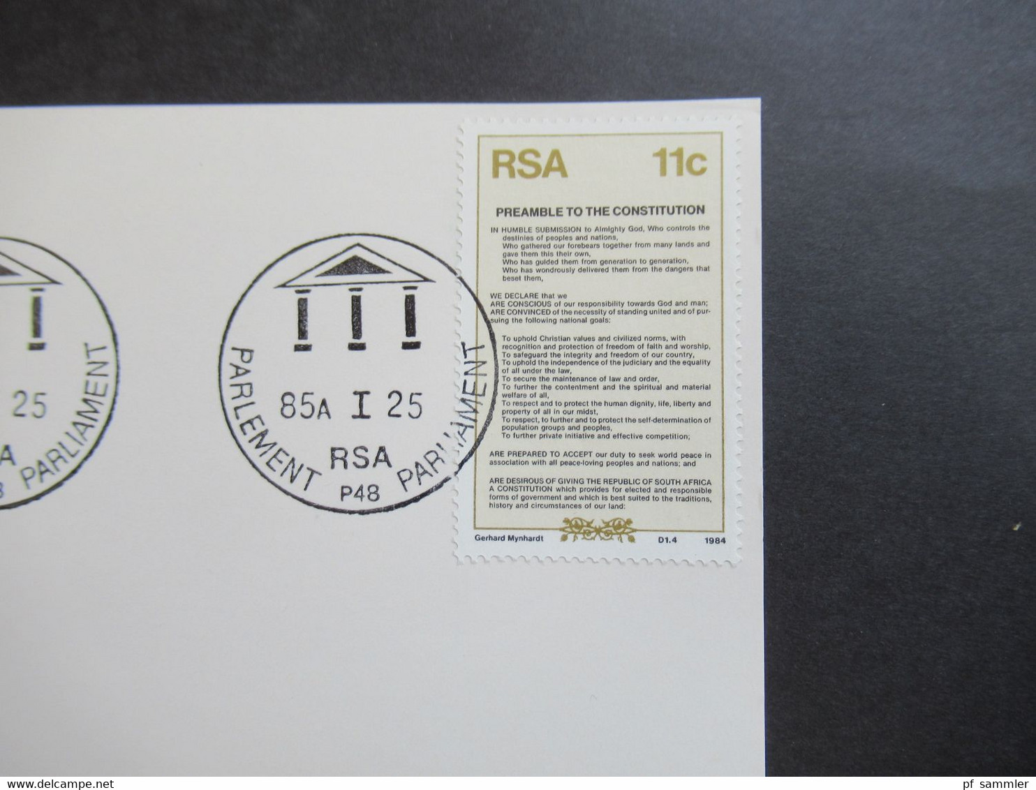 RSA / Süd - Afrika 1985 Date Stamp Card Mit Stempel Parlement / Parliament RSA Preamble Of The Constitution - Cartas & Documentos