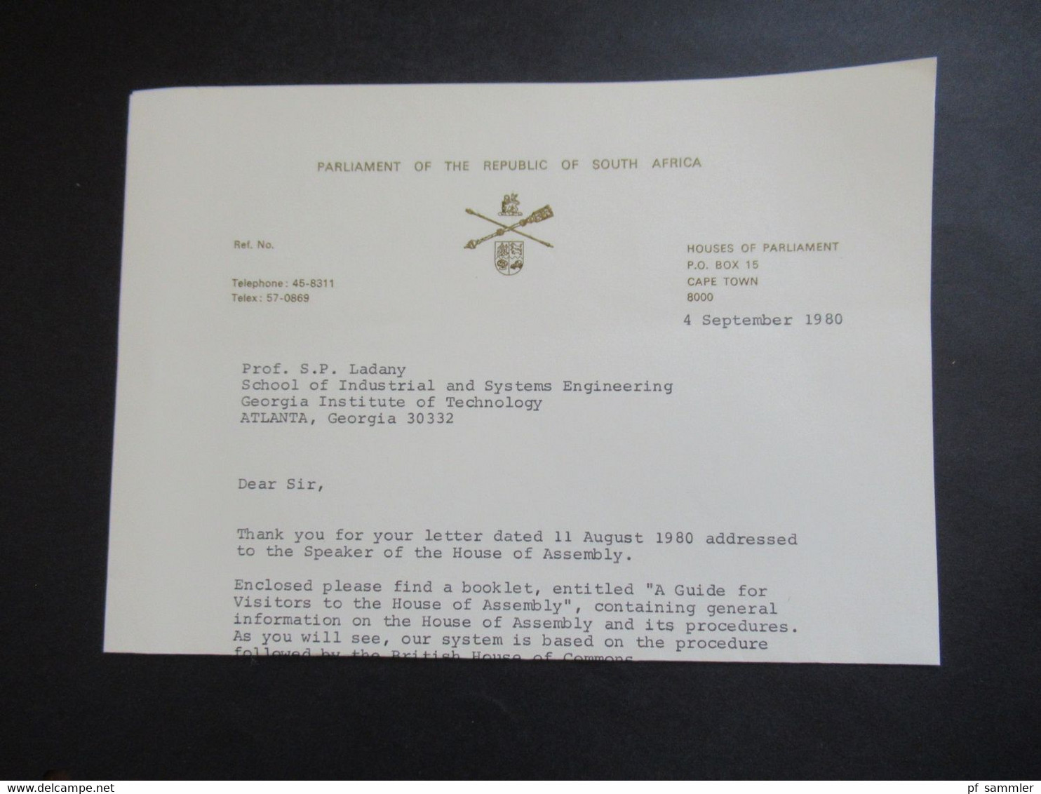 RSA / Süd - Afrika 1980 Briefpapier Parliament Of The RSA Houses Of Parliament Mit Unterschrift Secretary To Parliament - Cartas & Documentos