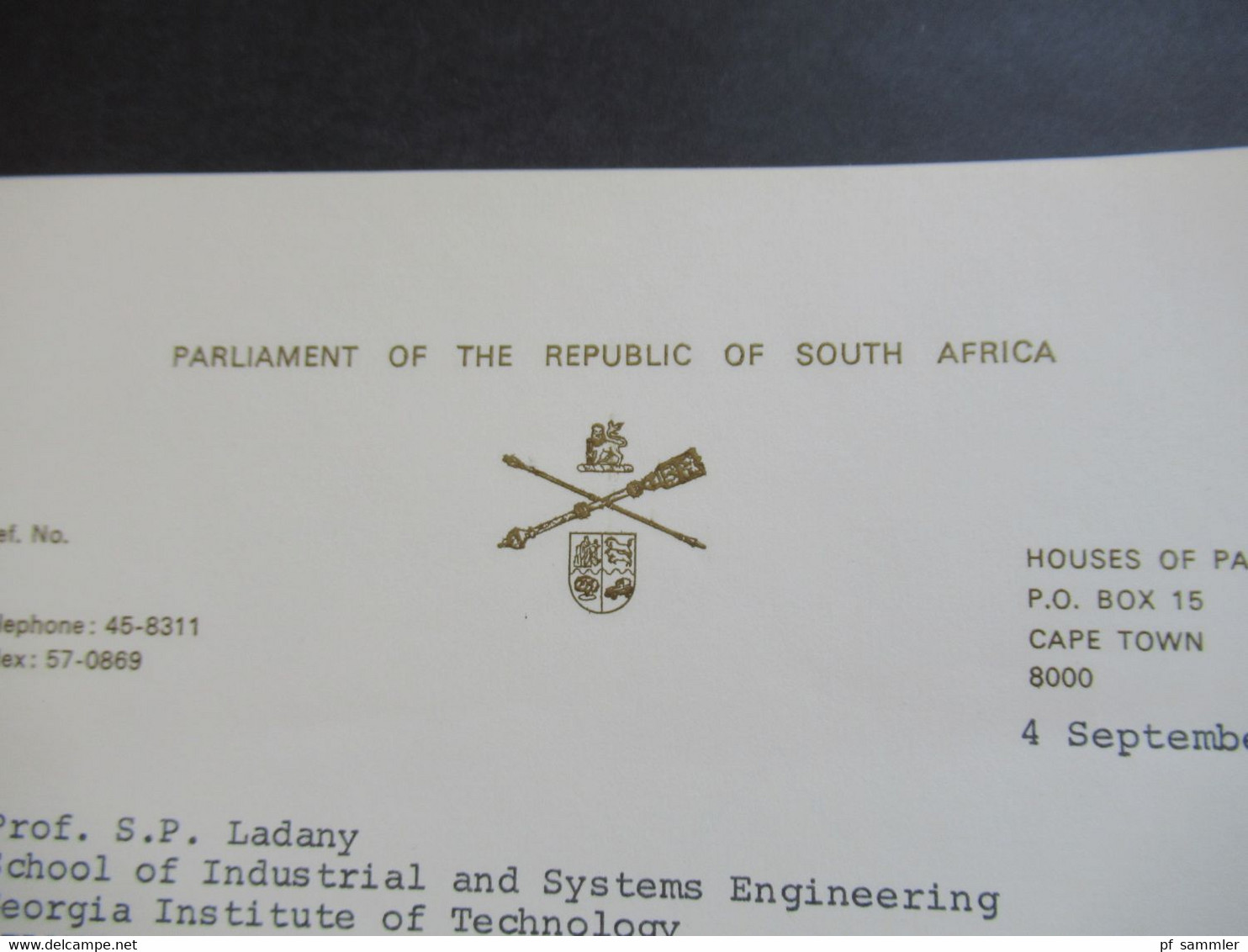 RSA / Süd - Afrika 1980 Briefpapier Parliament Of The RSA Houses Of Parliament Mit Unterschrift Secretary To Parliament - Cartas & Documentos