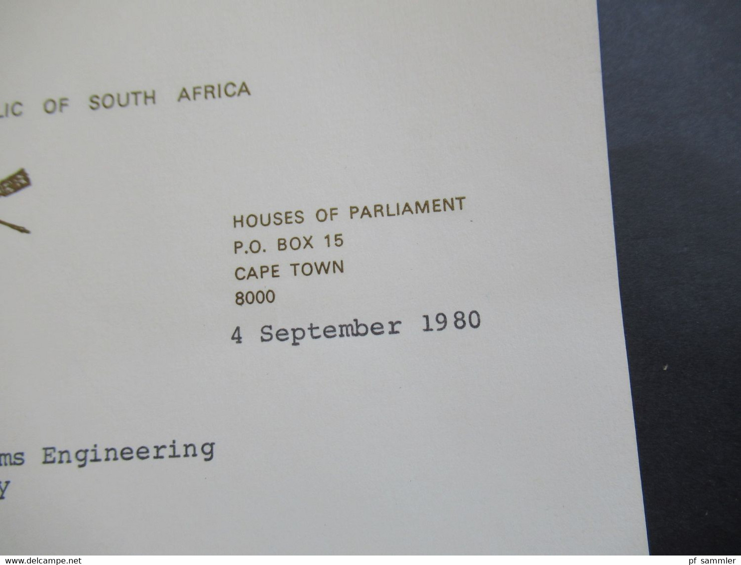 RSA / Süd - Afrika 1980 Briefpapier Parliament Of The RSA Houses Of Parliament Mit Unterschrift Secretary To Parliament - Cartas & Documentos