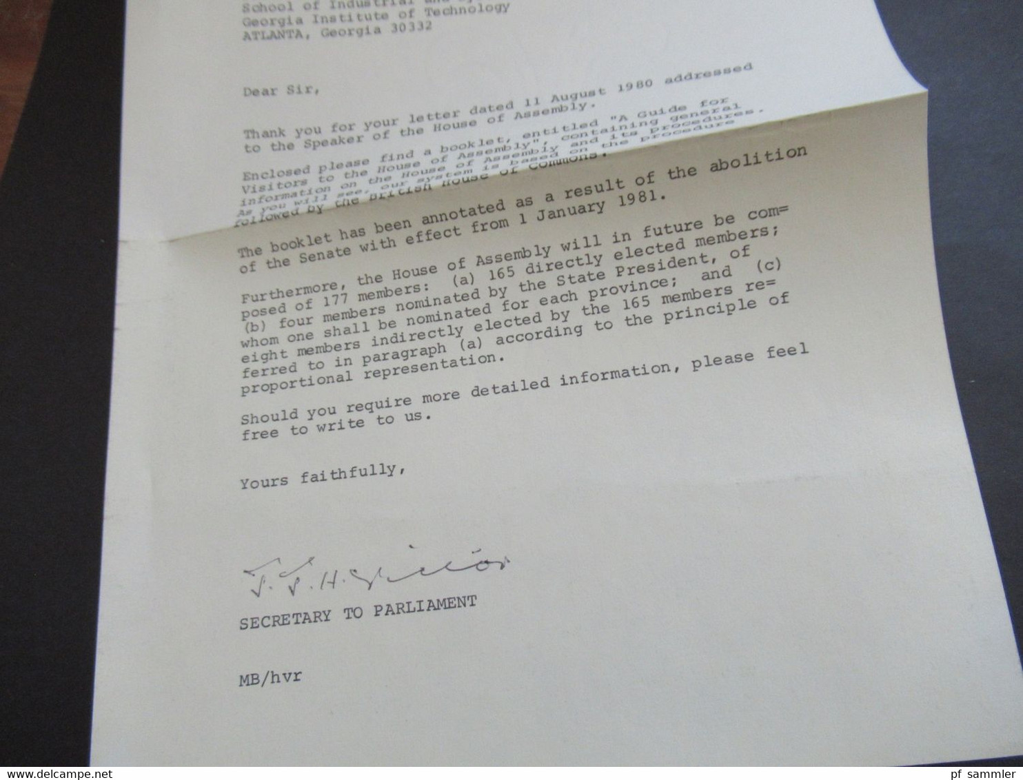 RSA / Süd - Afrika 1980 Briefpapier Parliament Of The RSA Houses Of Parliament Mit Unterschrift Secretary To Parliament - Cartas & Documentos