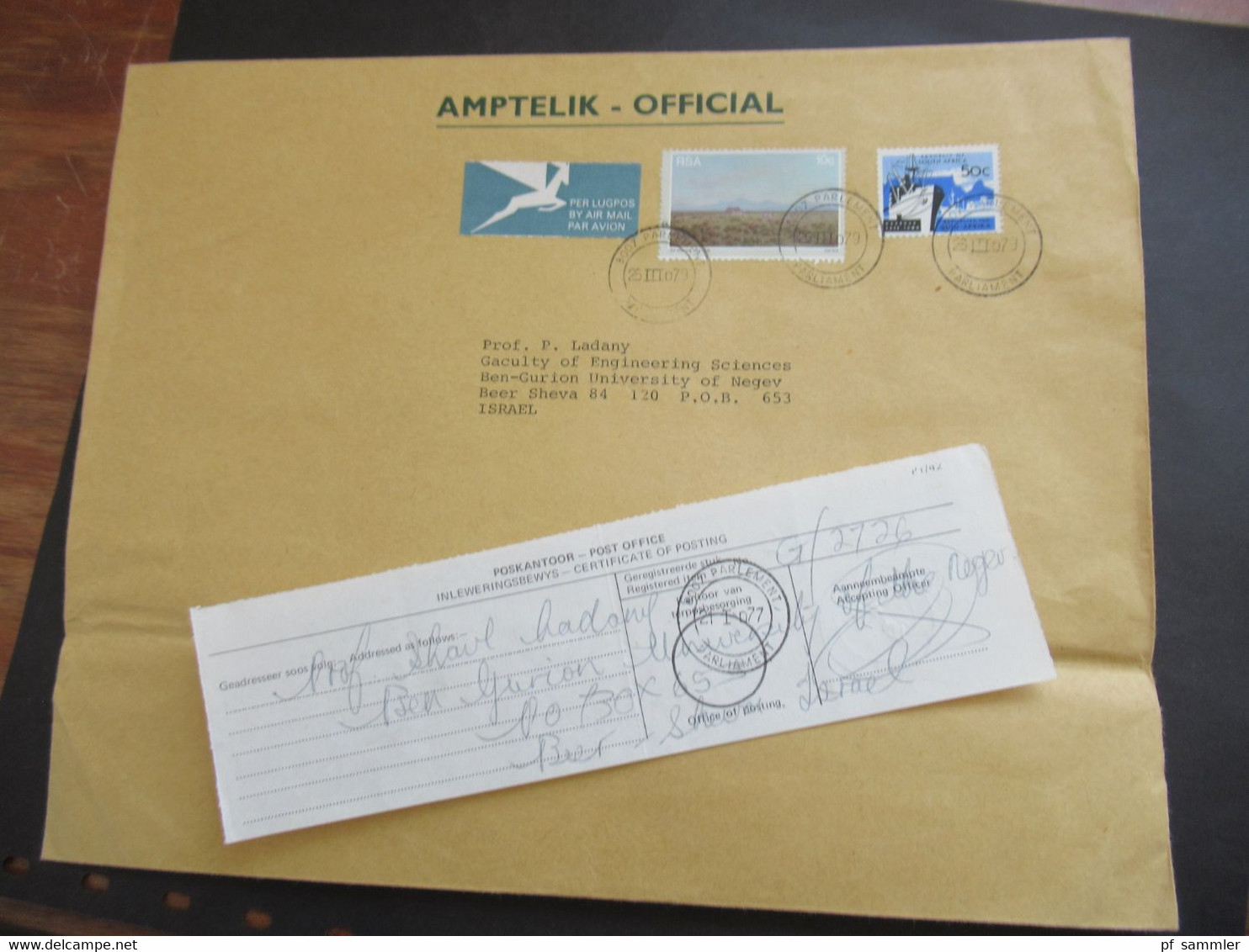 RSA / Süd - Afrika 1979 Amptelik Official Air Mail Nach Israel Rückseitig Stempel J.J. Loots + Einlieferungsschein 1977 - Brieven En Documenten